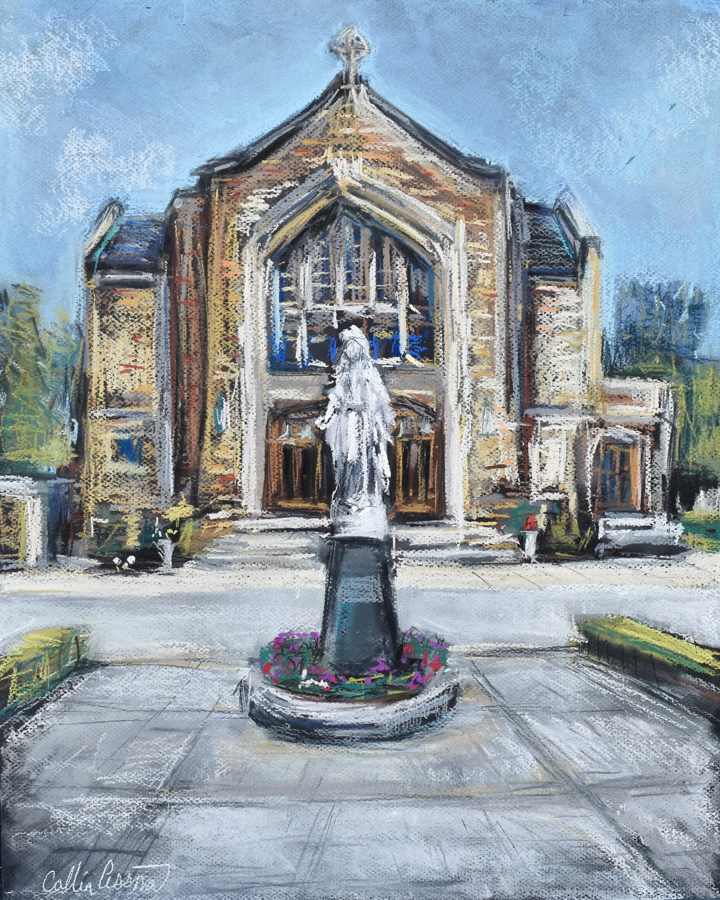 Painting of a church with a front staircase, a statue of a religious figure, and a flower bed in the foreground under a blue sky.