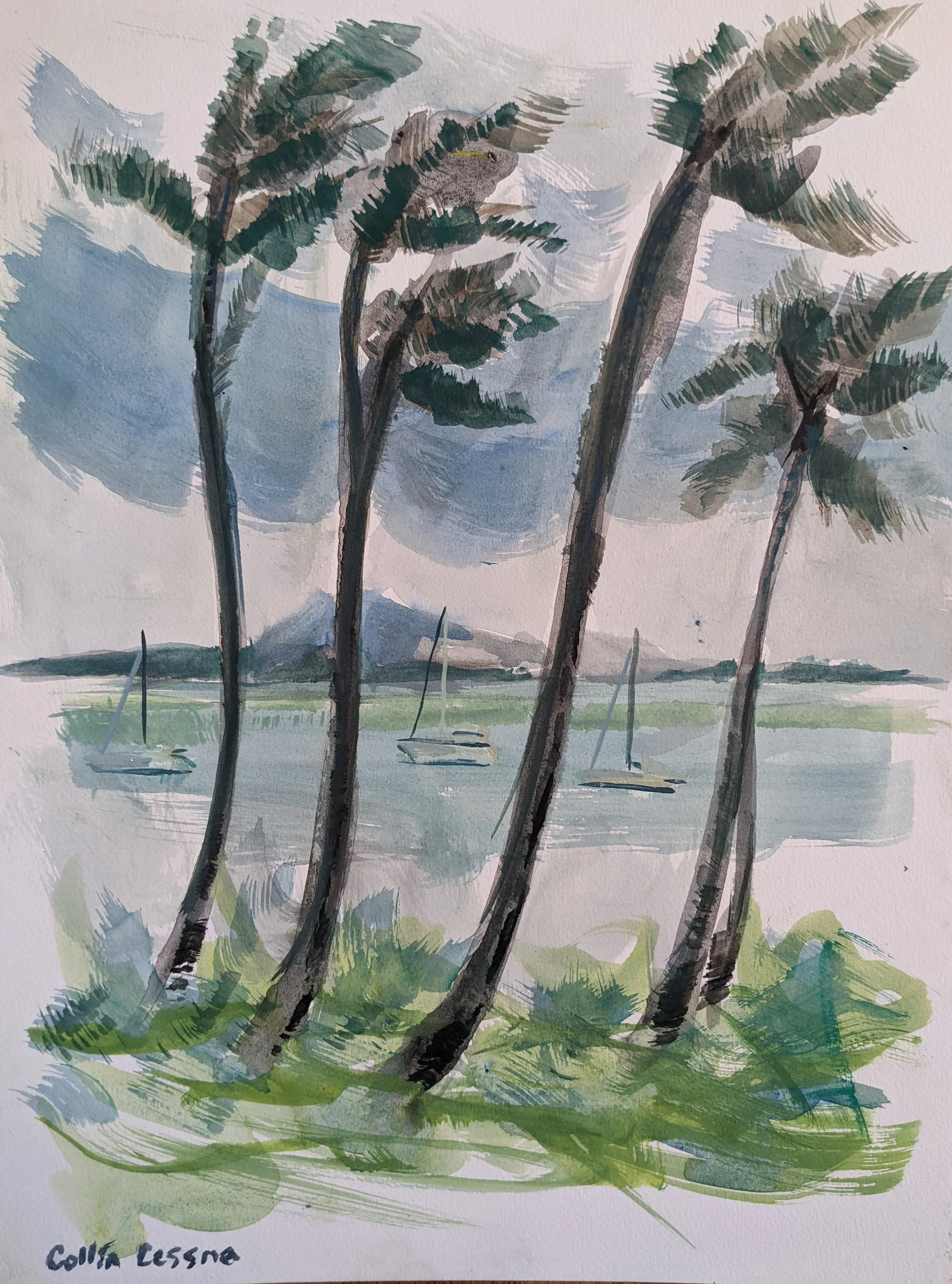 A watercolor painting of four leaning palm trees along a shoreline with sailboats on the water and a mountain in the background under a cloudy sky.