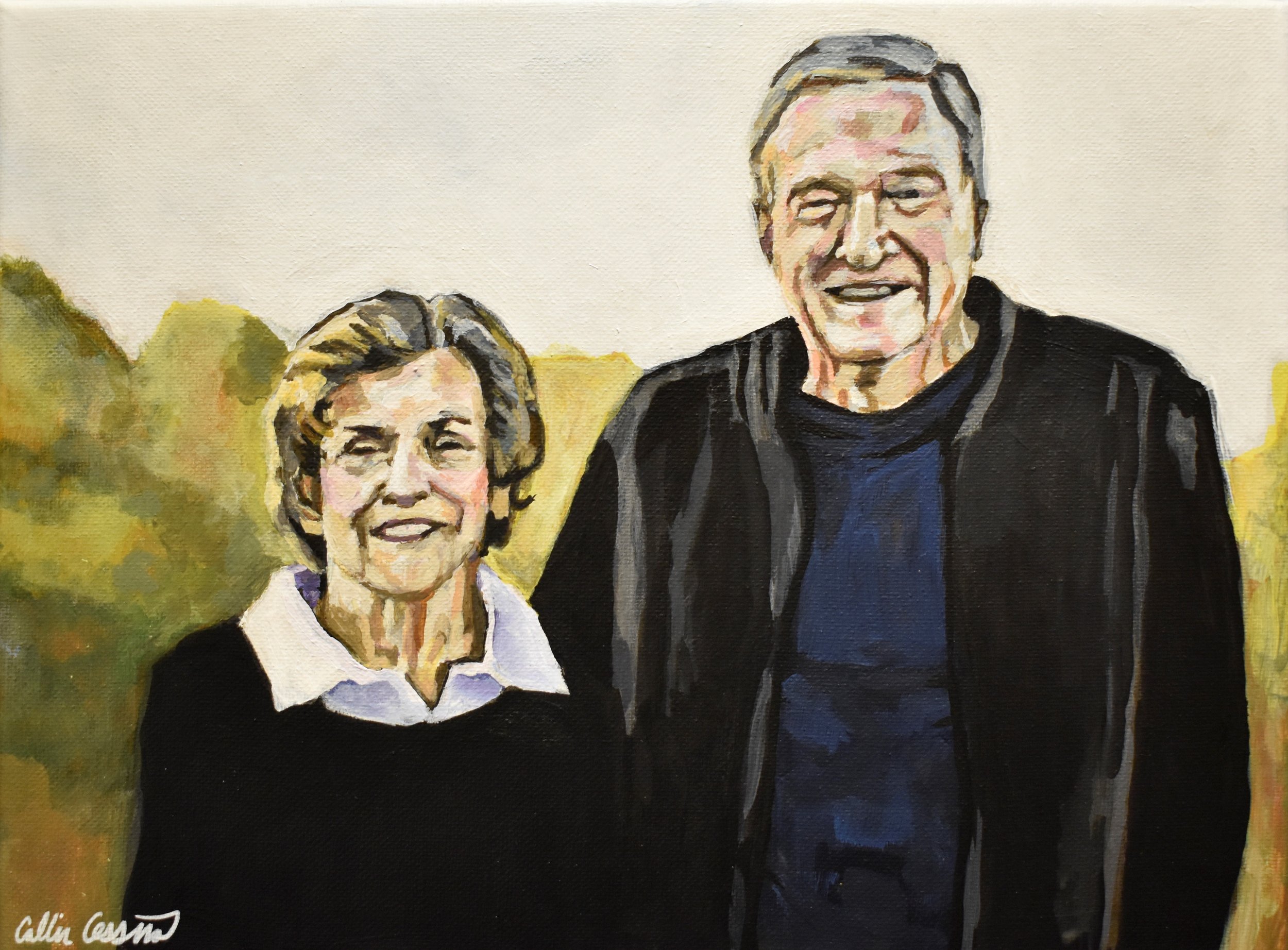Painting of an elderly woman and man standing outdoors with trees in the background. The woman has short, curled hair and is wearing a black sweater with a white collared shirt. The man has short gray hair and is wearing a black jacket over a dark sh