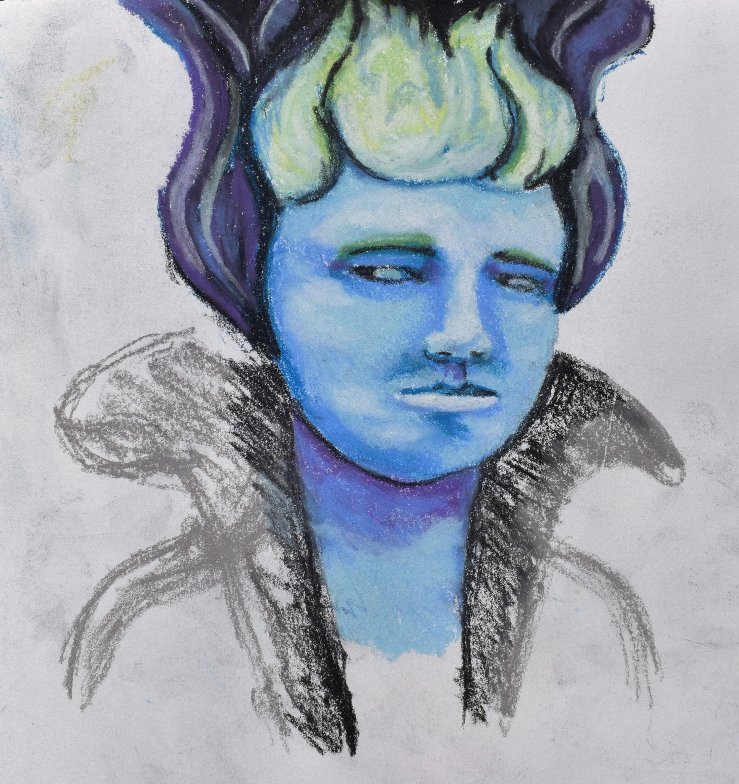 A watercolor portrait of a person with blue skin, dark eyes, and multicolored hair, wearing a dark high-collared garment.