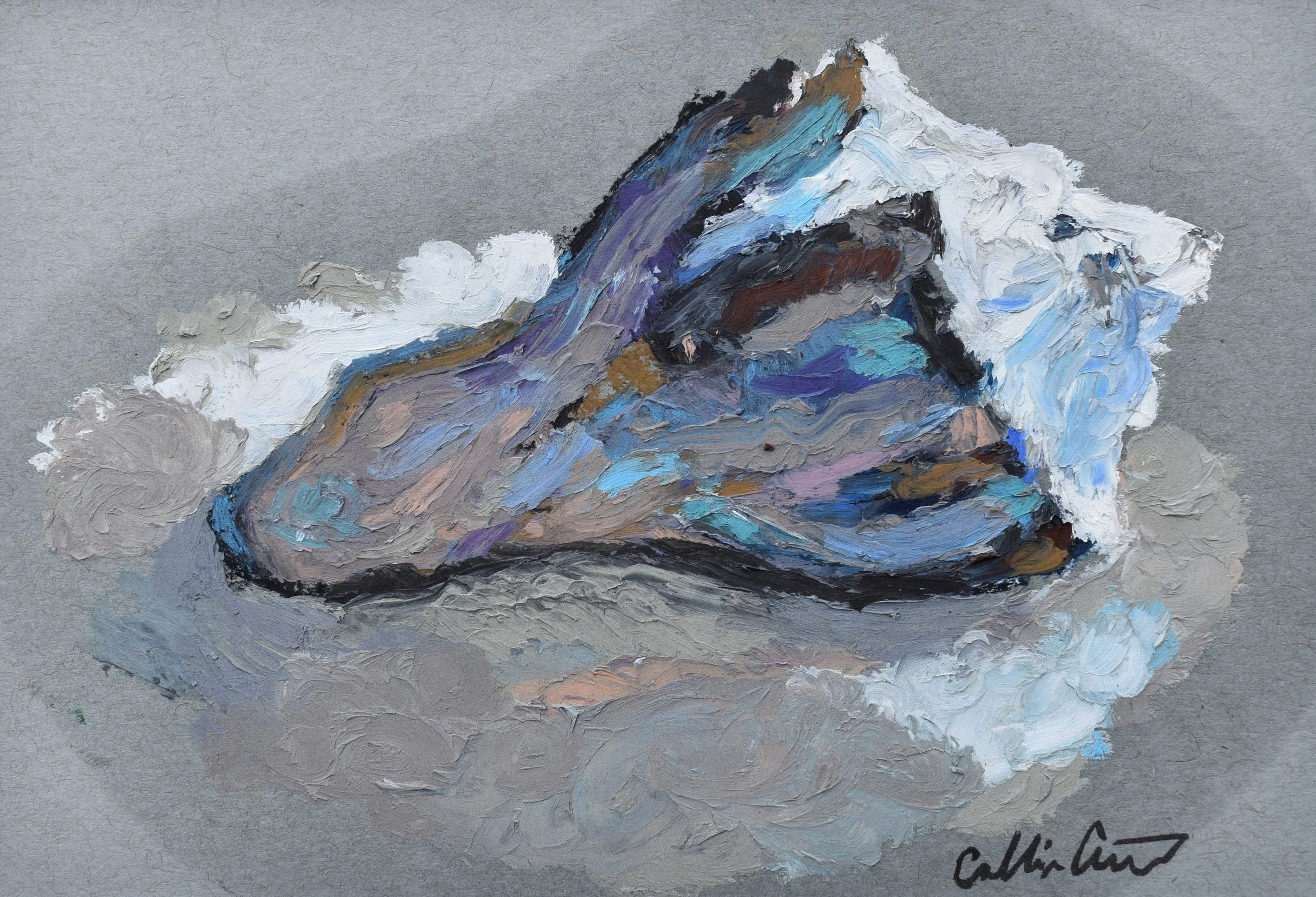 Oil painting of a shell on a gray background, with textured brushstrokes and a signature in the bottom right corner.