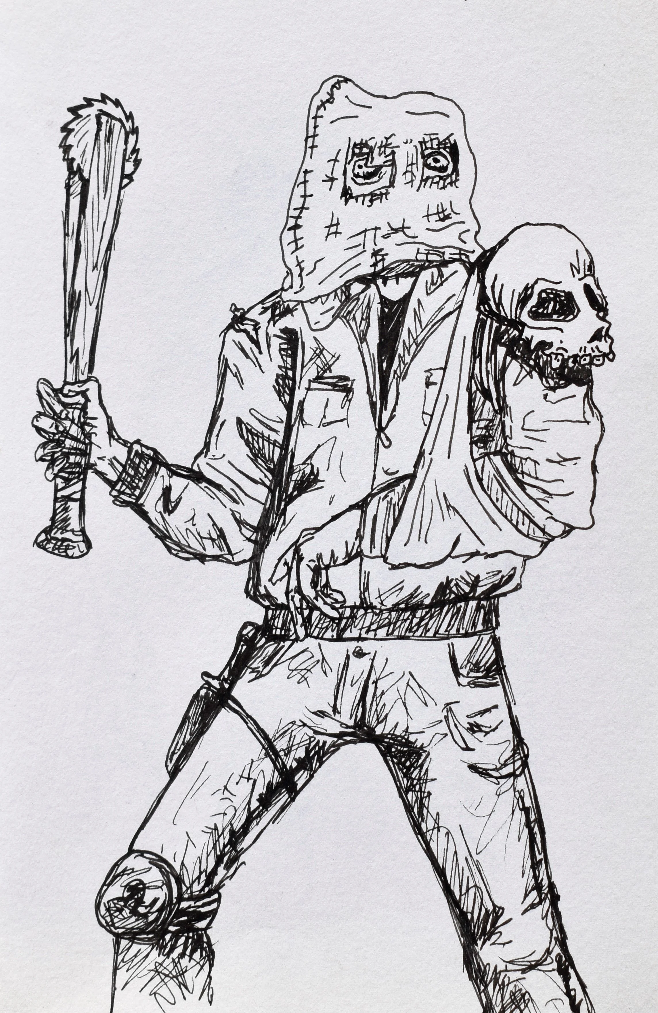 A black and white ink drawing of a figure with a masked face, wearing a hoodie and pants, holding a baseball bat, and carrying a skull on their right shoulder.