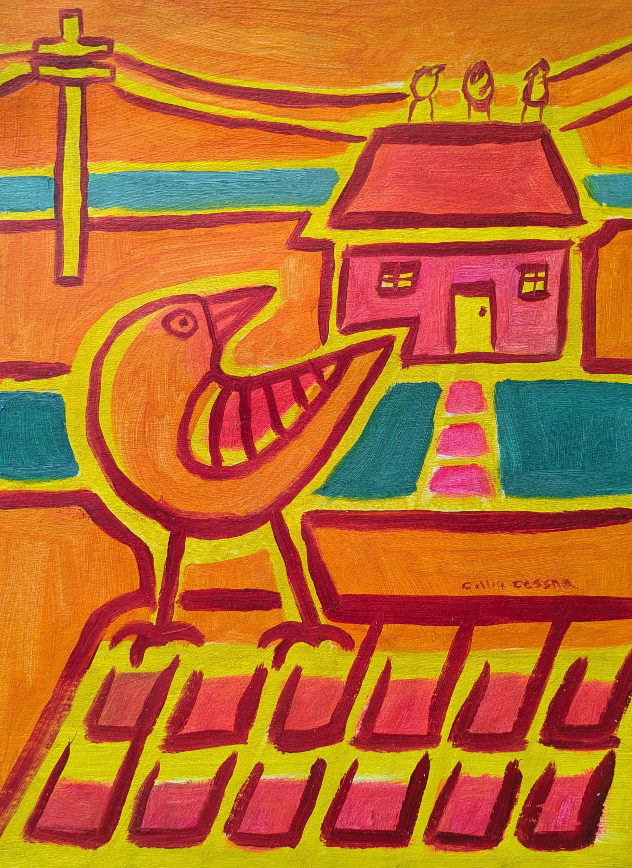 Birds on a roof folk art oil painting bright colors orange pink yellow raven collin cessna maryland
