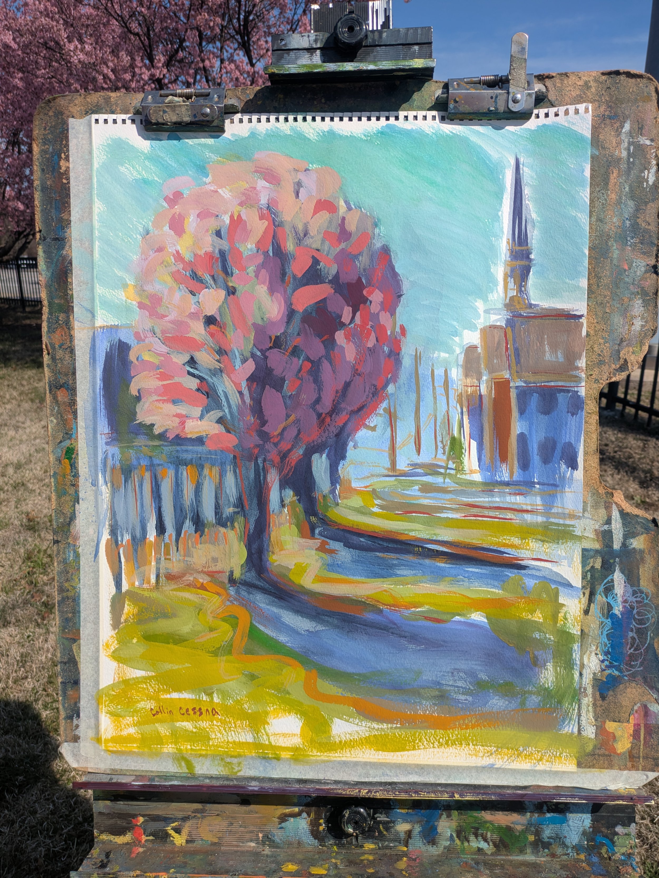 Hiss Church Cherry Blossoms Putty Hill St. Ursulas Collin Cessna artwork painting harford road md