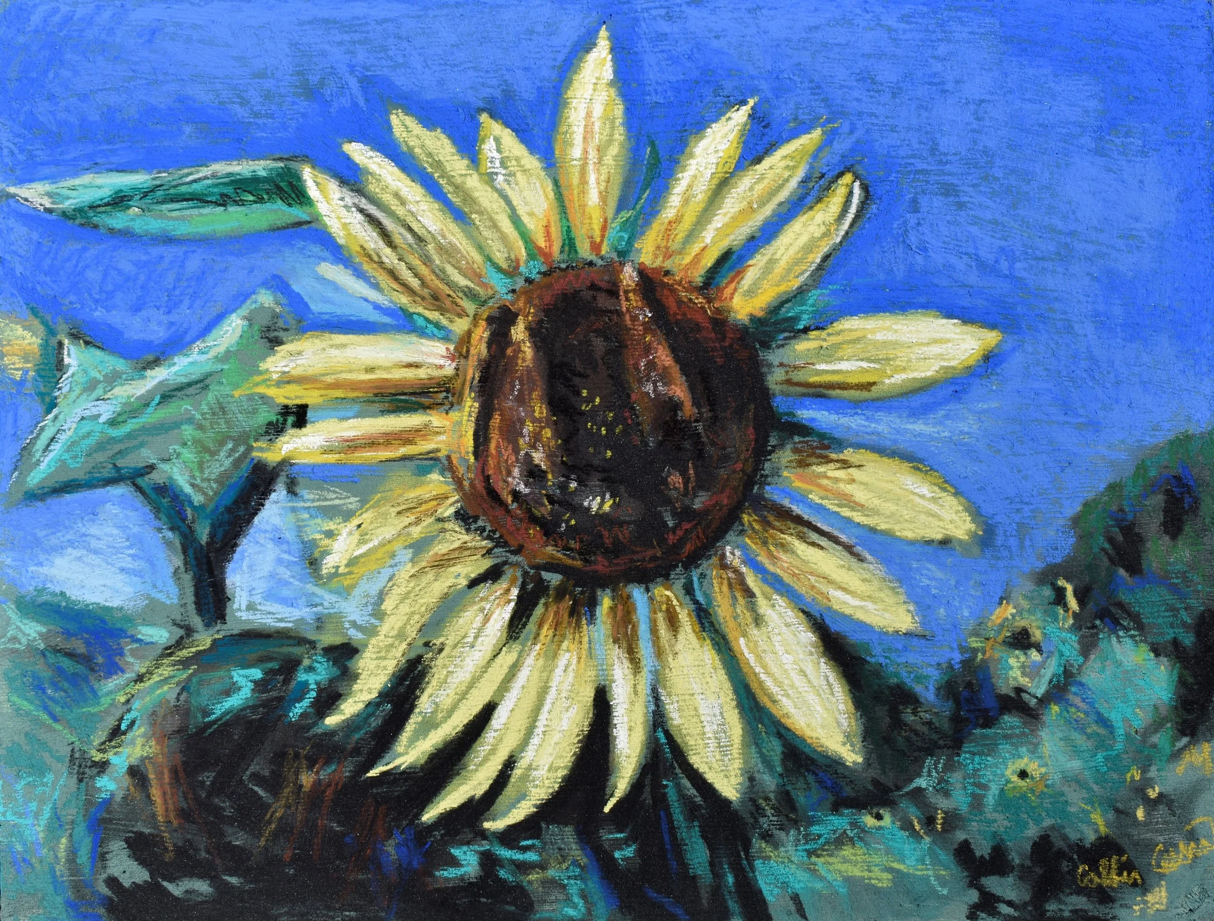 A vibrant painting of a sunflower with yellow petals and a dark brown center, set against a blue sky background.