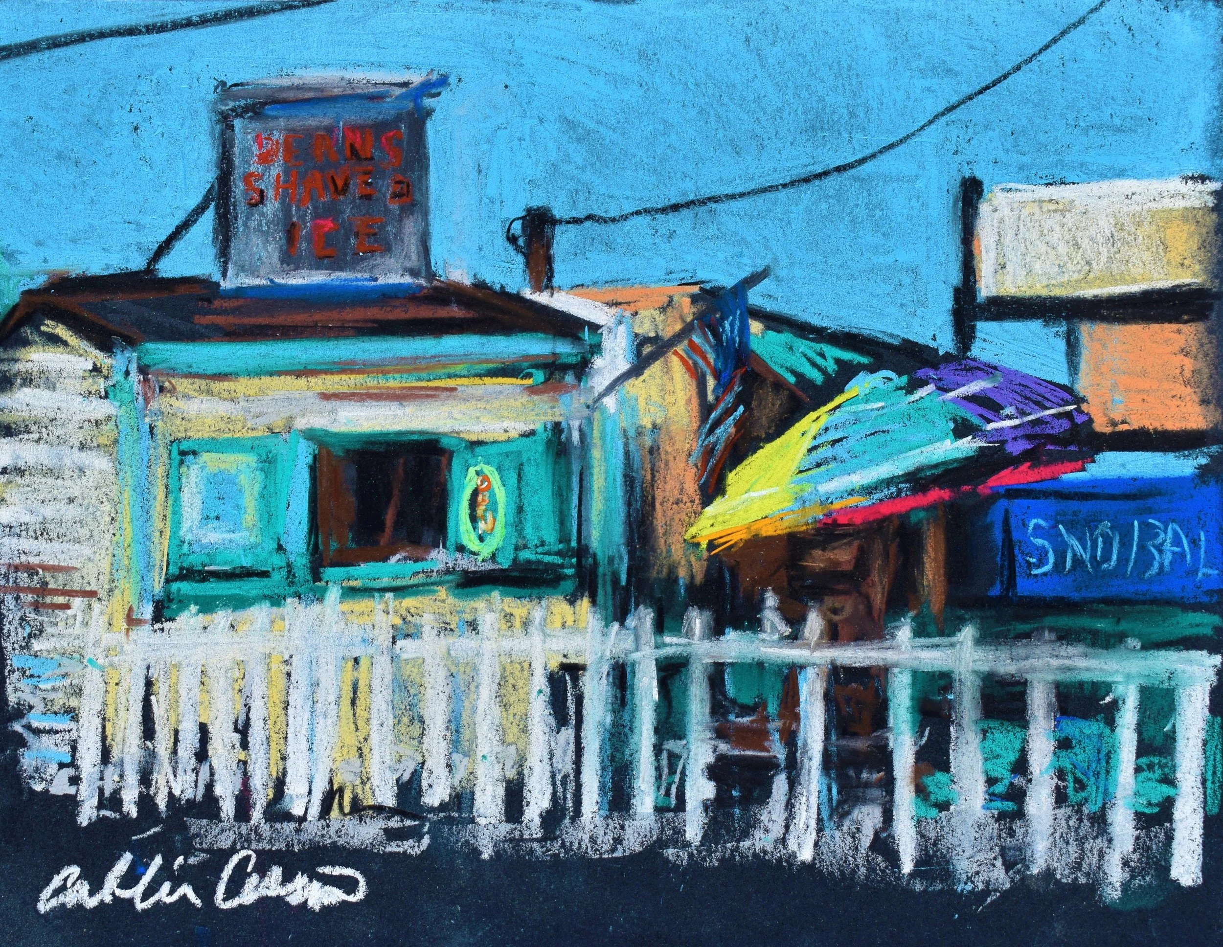 Colorful impressionistic painting of a small building with a sign that reads "Penns Have Ice" and various nearby structures, including a blue snowball stand and a rainbow umbrella.