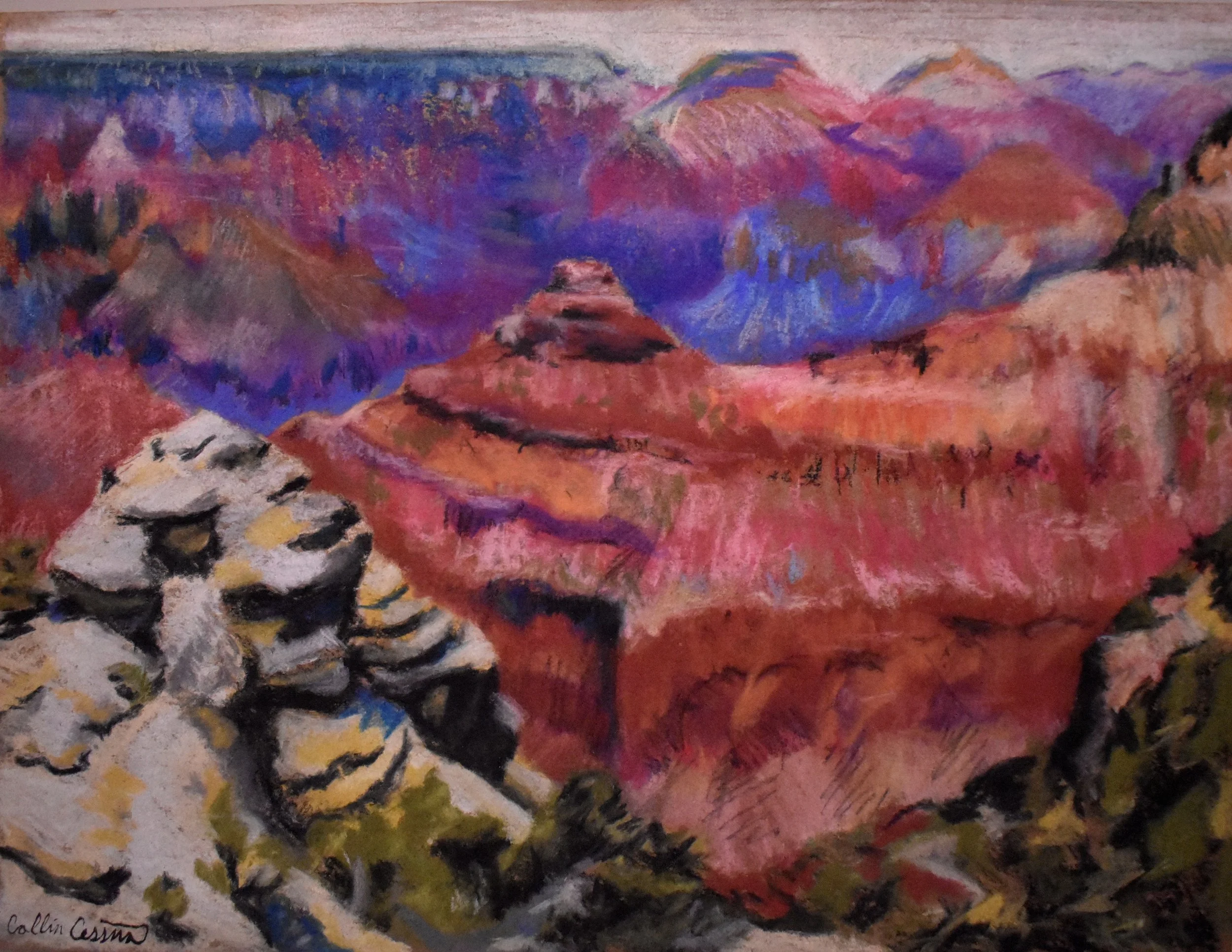 An impressionist painting of a colorful mountainous landscape with red, purple, and blue hues, featuring rock formations and a distant mountain range.