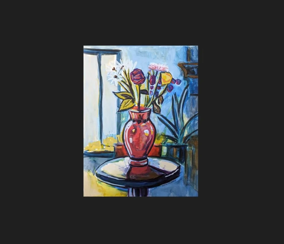 Artist Collin Cessna paints flowers floral canvas red vase spring art flower painting colorful art