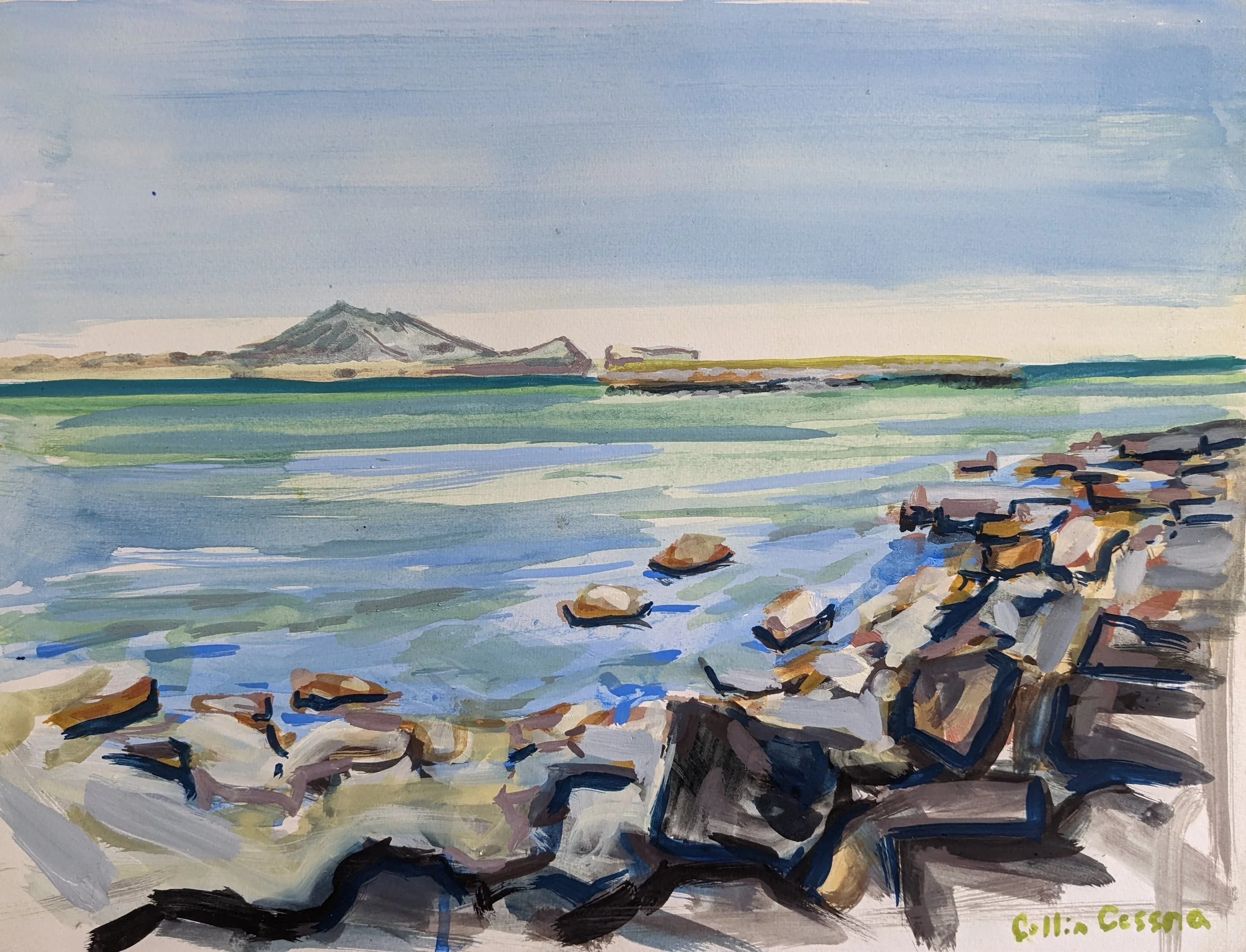 Watercolor painting of a rocky shoreline with the ocean in the foreground, green water, a distant landmass with hills or mountains, and a blue sky with clouds.