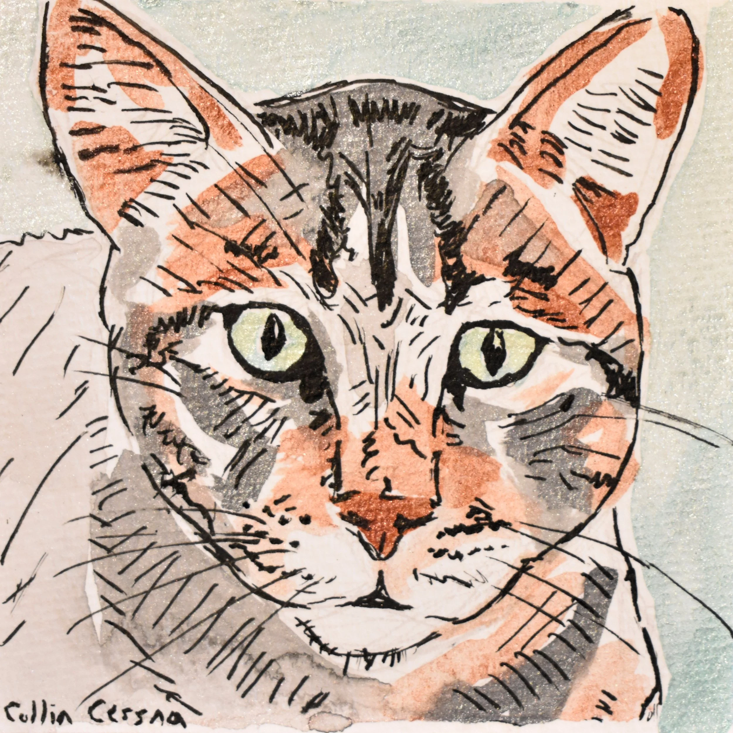 A watercolor and ink illustration of a cat's face featuring yellow-green eyes, pointed ears with orange and white fur, and gray, black, and orange markings.