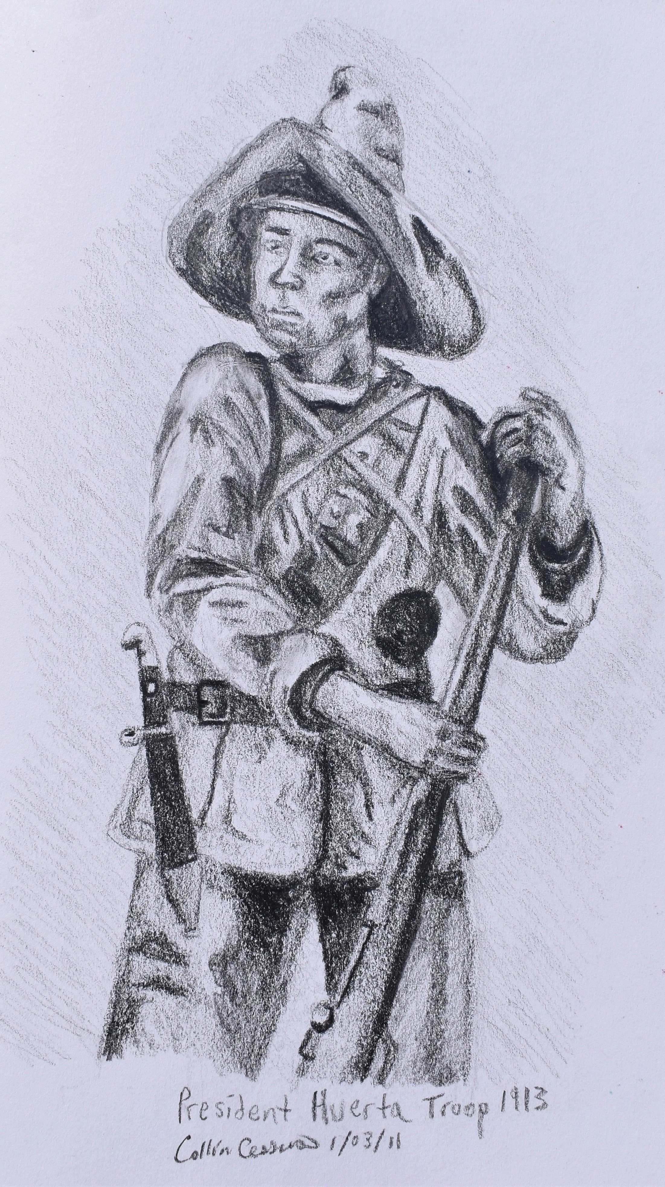 Hand-drawn portrait of a young soldier in a military uniform with a wide-brimmed hat, holding a rifle, with a confident expression, credited as President Aventura Troop 1183, with a date of 01/03/18.