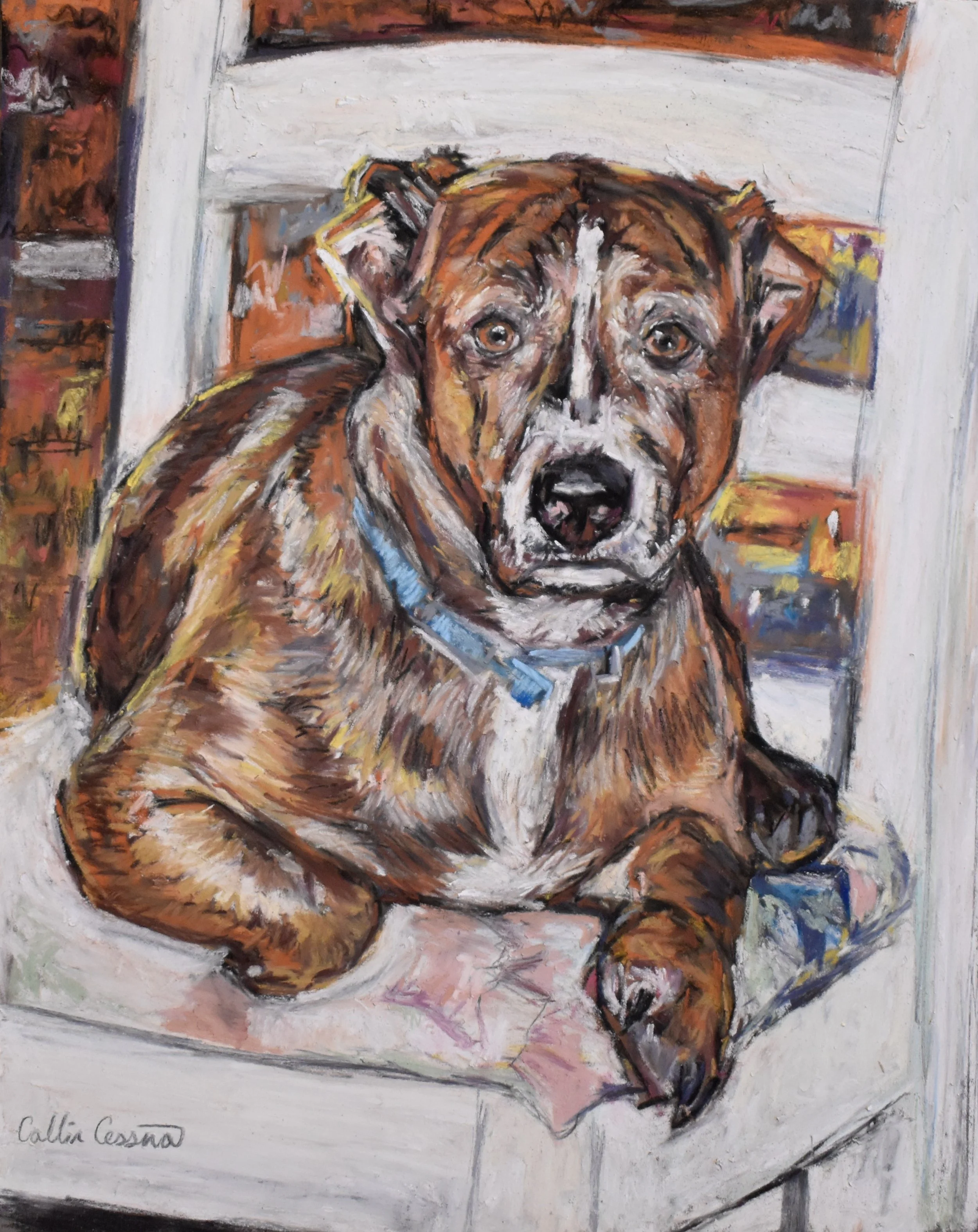 An oil painting of a brown and white dog with a blue collar, sitting on a white windowsill, with a wooden window frame and brick wall in the background.
