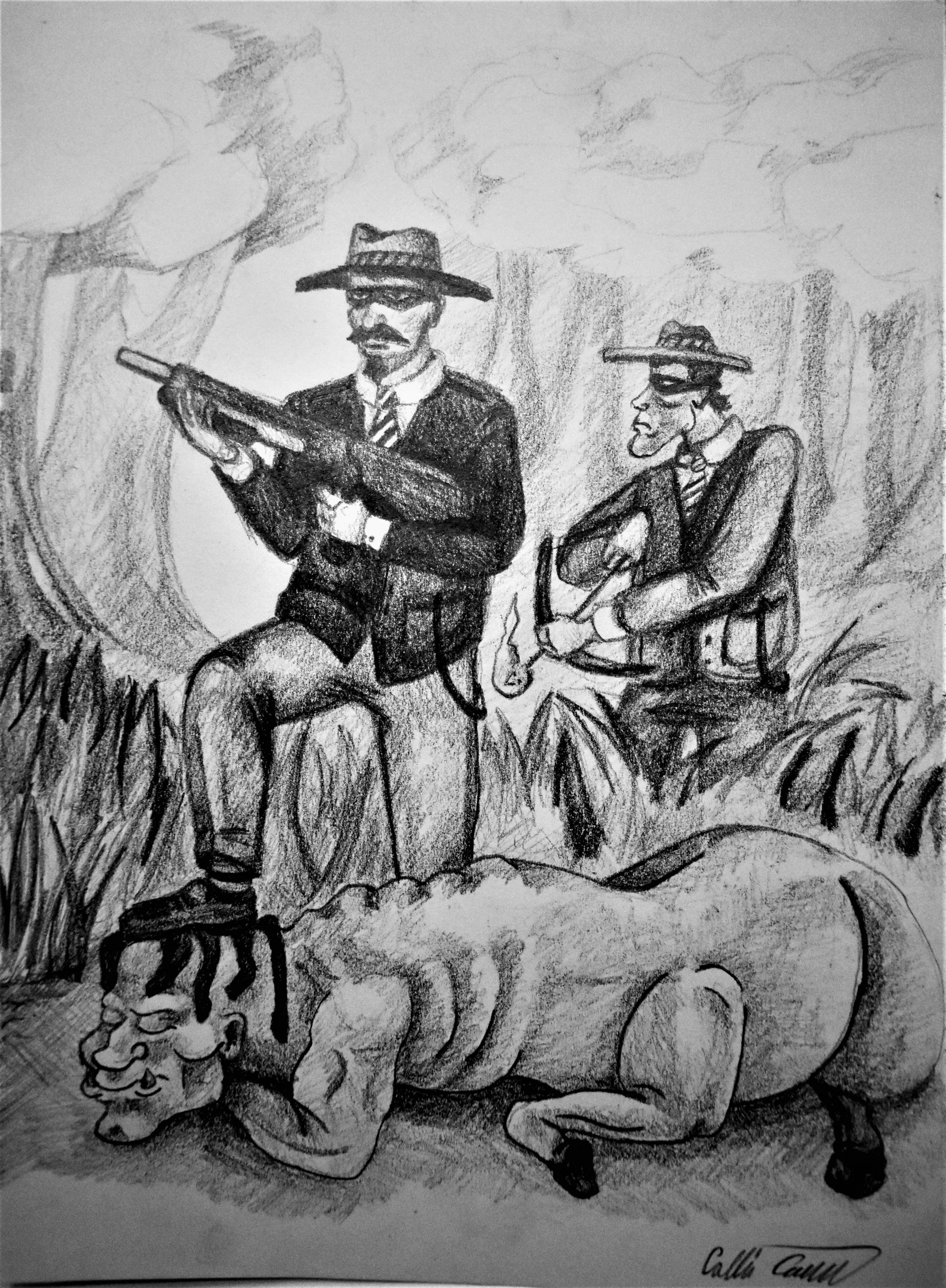 A black and white drawing of two men in vintage suits, wearing hats and glasses, sitting on rocks. One man is holding a rifle, and the other is smoking a pipe. A large, muscular creature with the head of a lion and the body of a human is lying on the