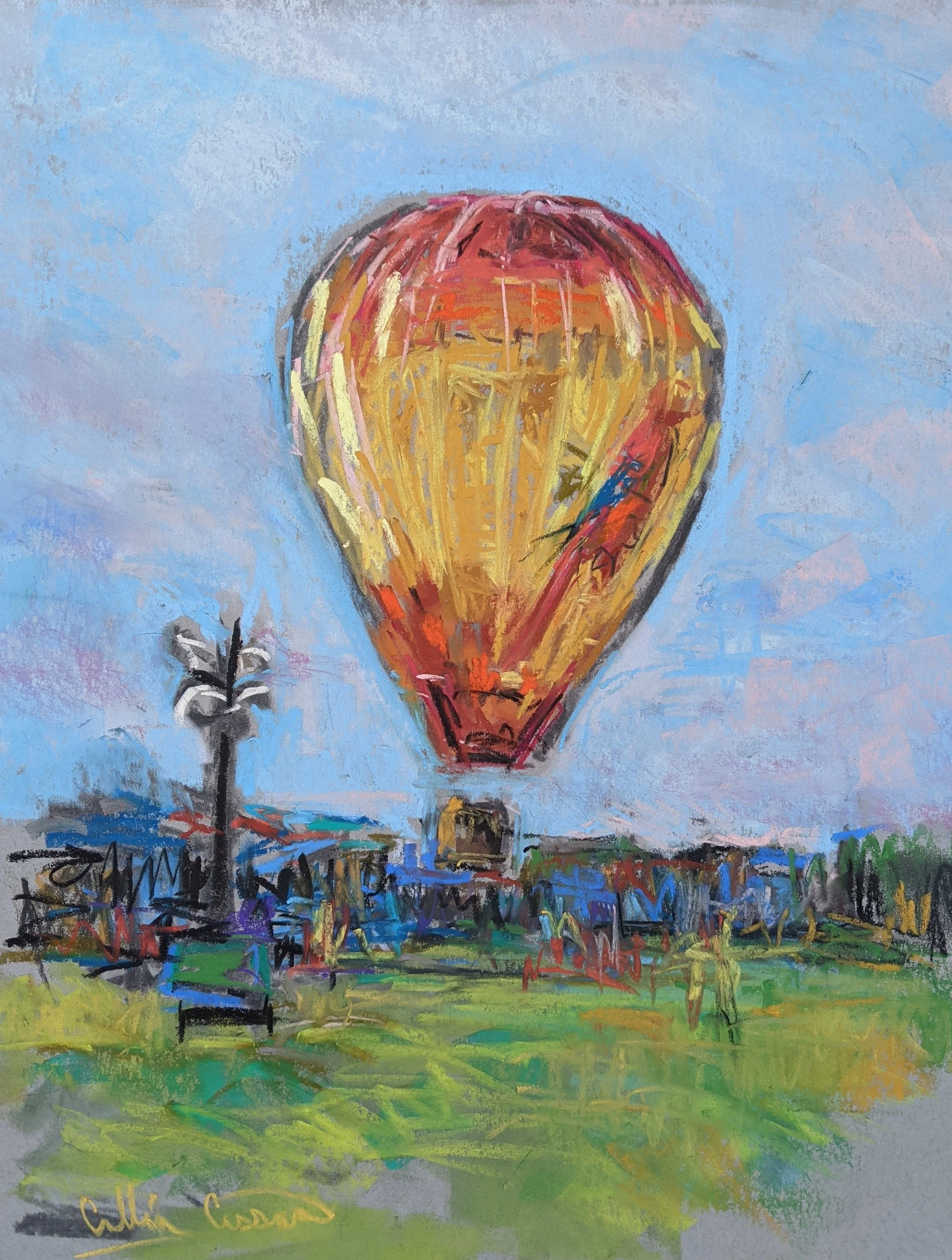 Colorful painting of a hot air balloon in the sky above a park with benches and a lamppost.