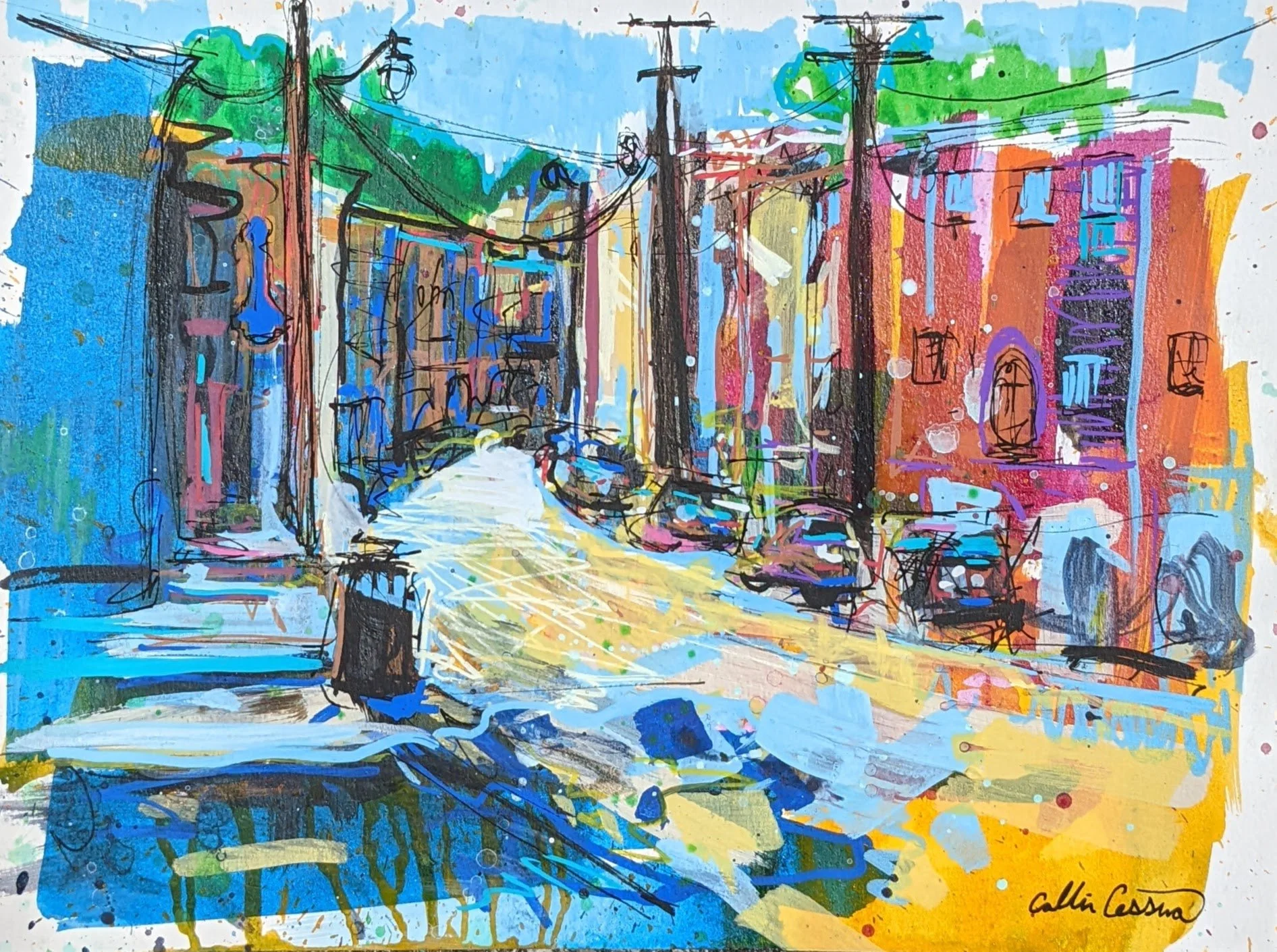 Colorful abstract street scene with buildings, parked cars, utility poles, and hanging electrical wires, painted with vibrant watercolor and ink strokes.