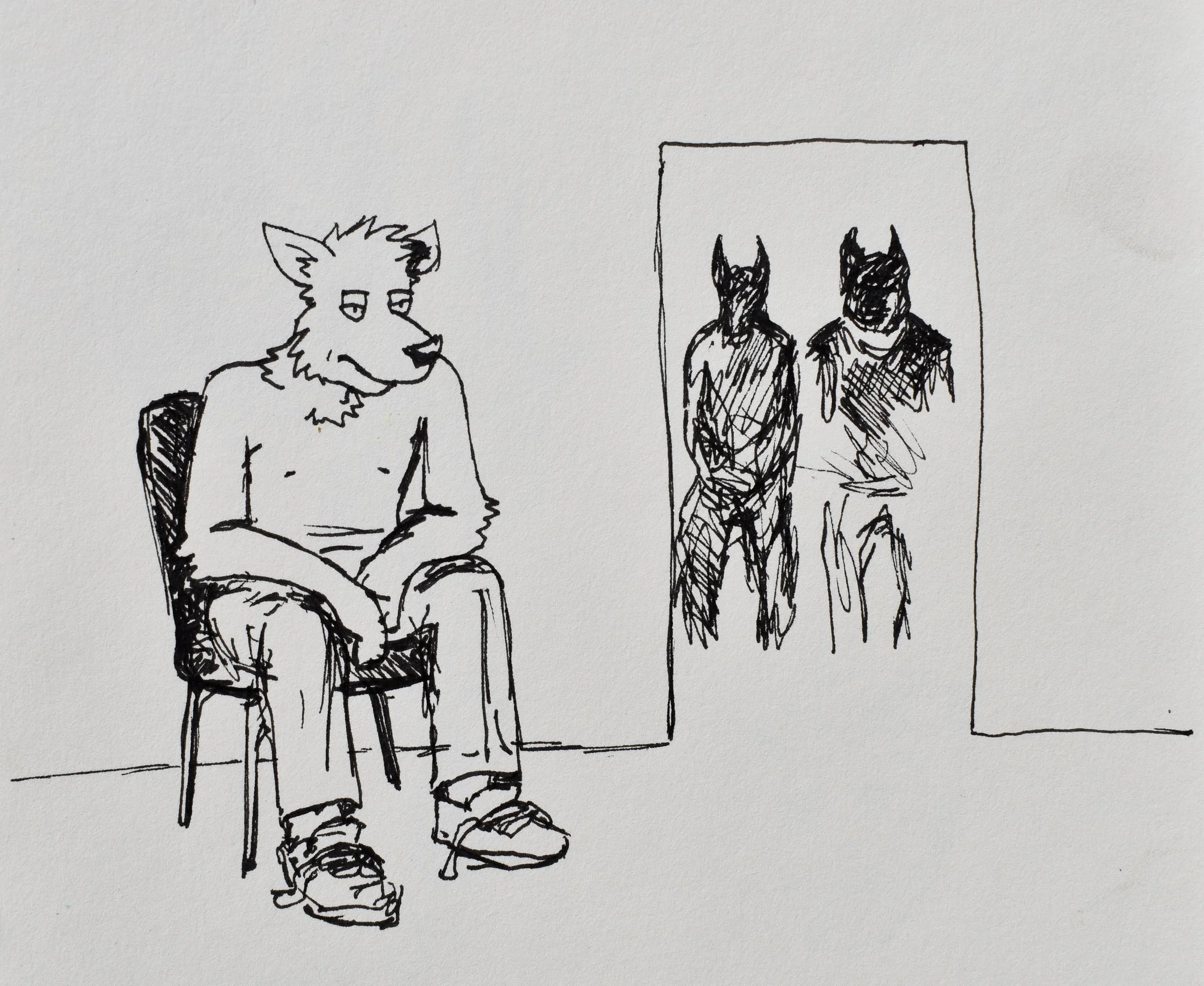 Drawing of a humanoid dog sitting on a chair, looking to the side with a sad expression, next to a mirror showing two anthropomorphic dog figures with upright ears and muscular bodies.