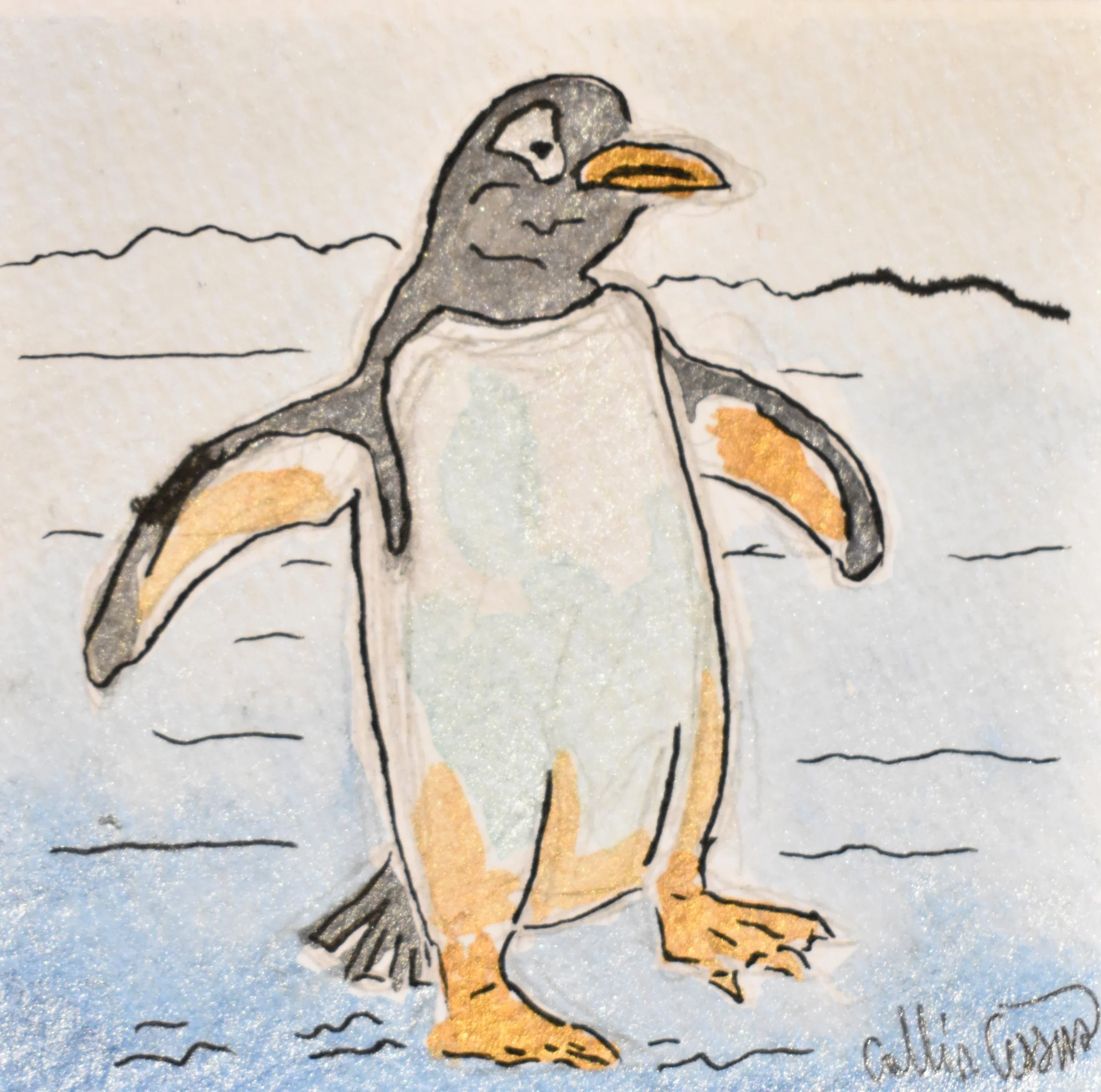 A drawing of a penguin standing on ice with water and ice in the background, signed by Calli Ocon.