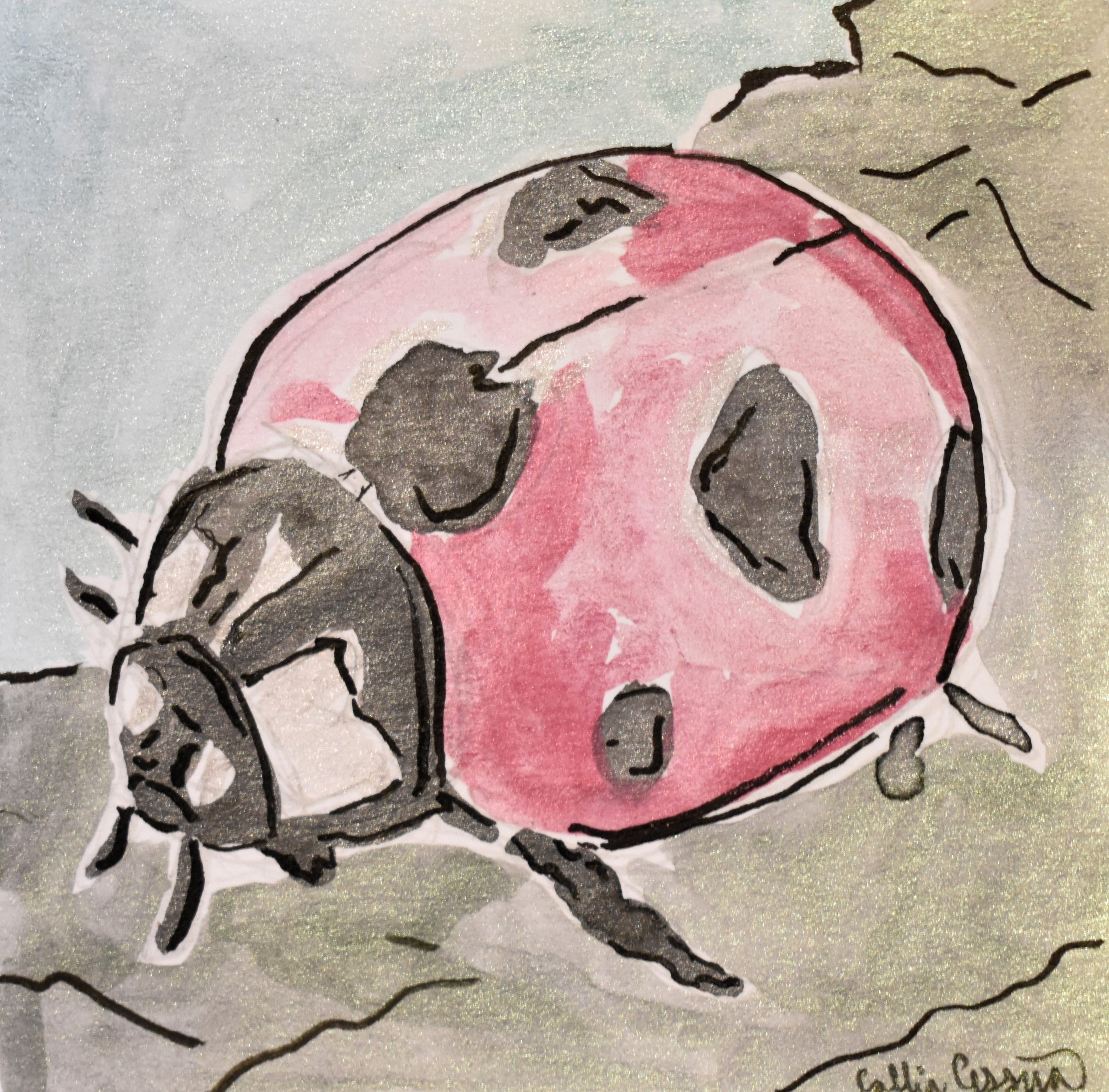Illustration of a ladybug with a pink body and black spots on a textured background.