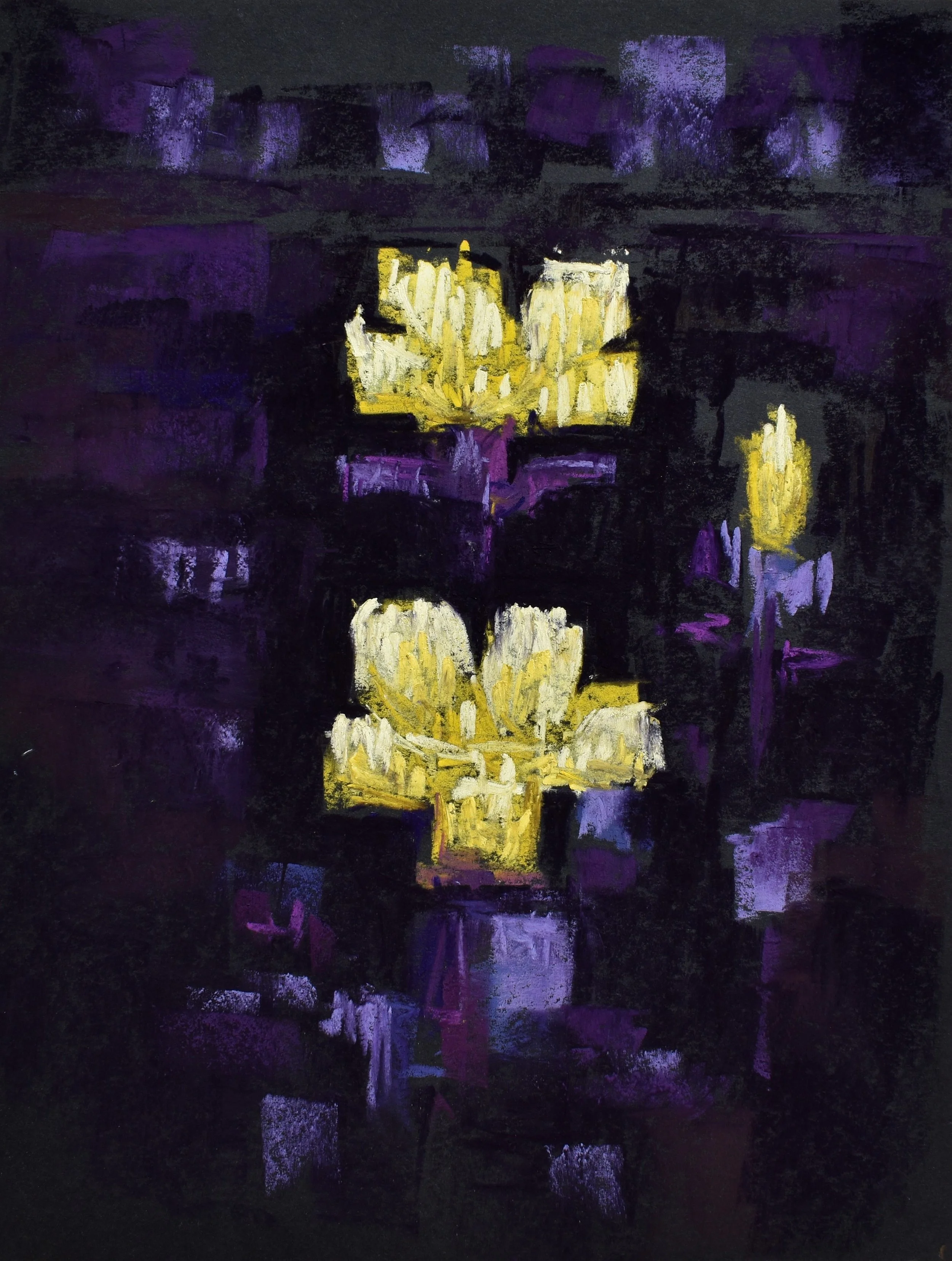 Abstract painting with purple, black, and yellow brushstrokes, featuring two yellow and white flowers.
