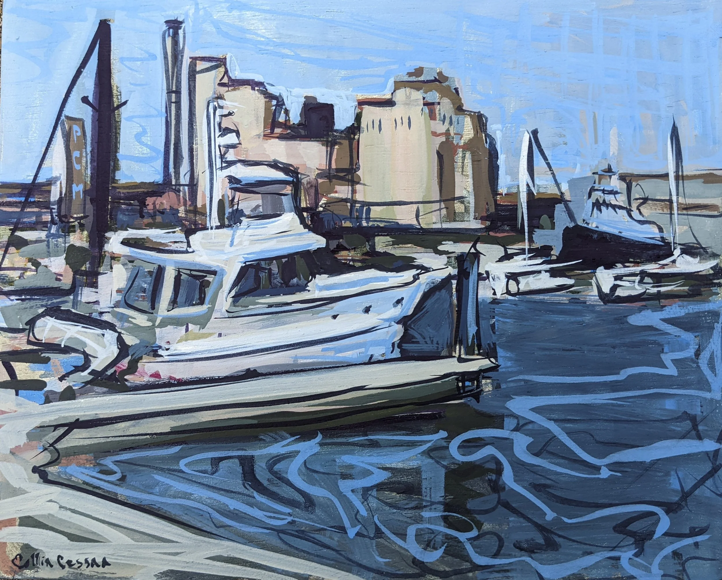 "Port Covington Marina" 2023 - casein on mounted wood panel, 8 x 10 in.