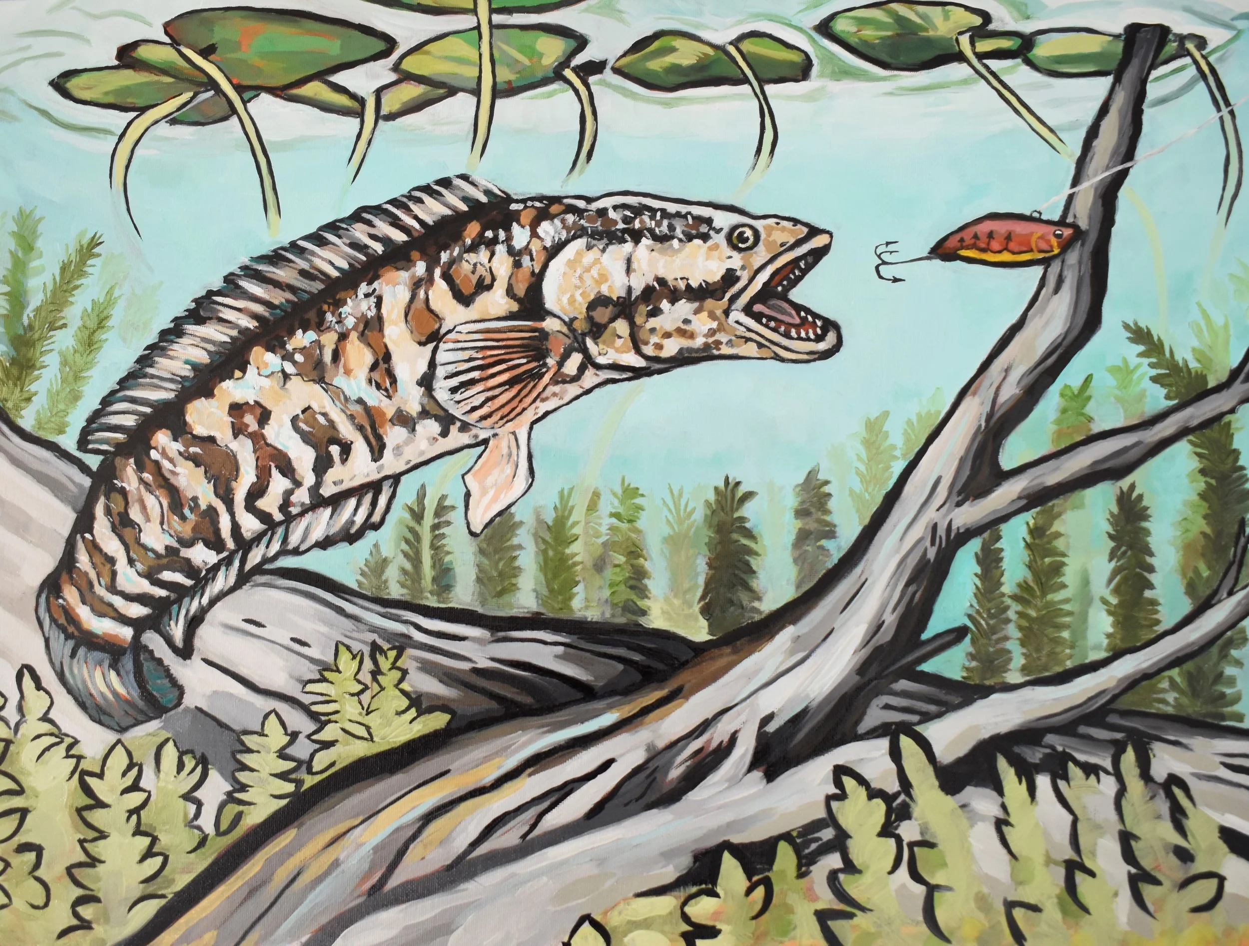 Painting of a fish in a pond with lily pads, a tree branch, and greenery, depicting a fish opening its mouth near a small boat and fish swimming nearby.