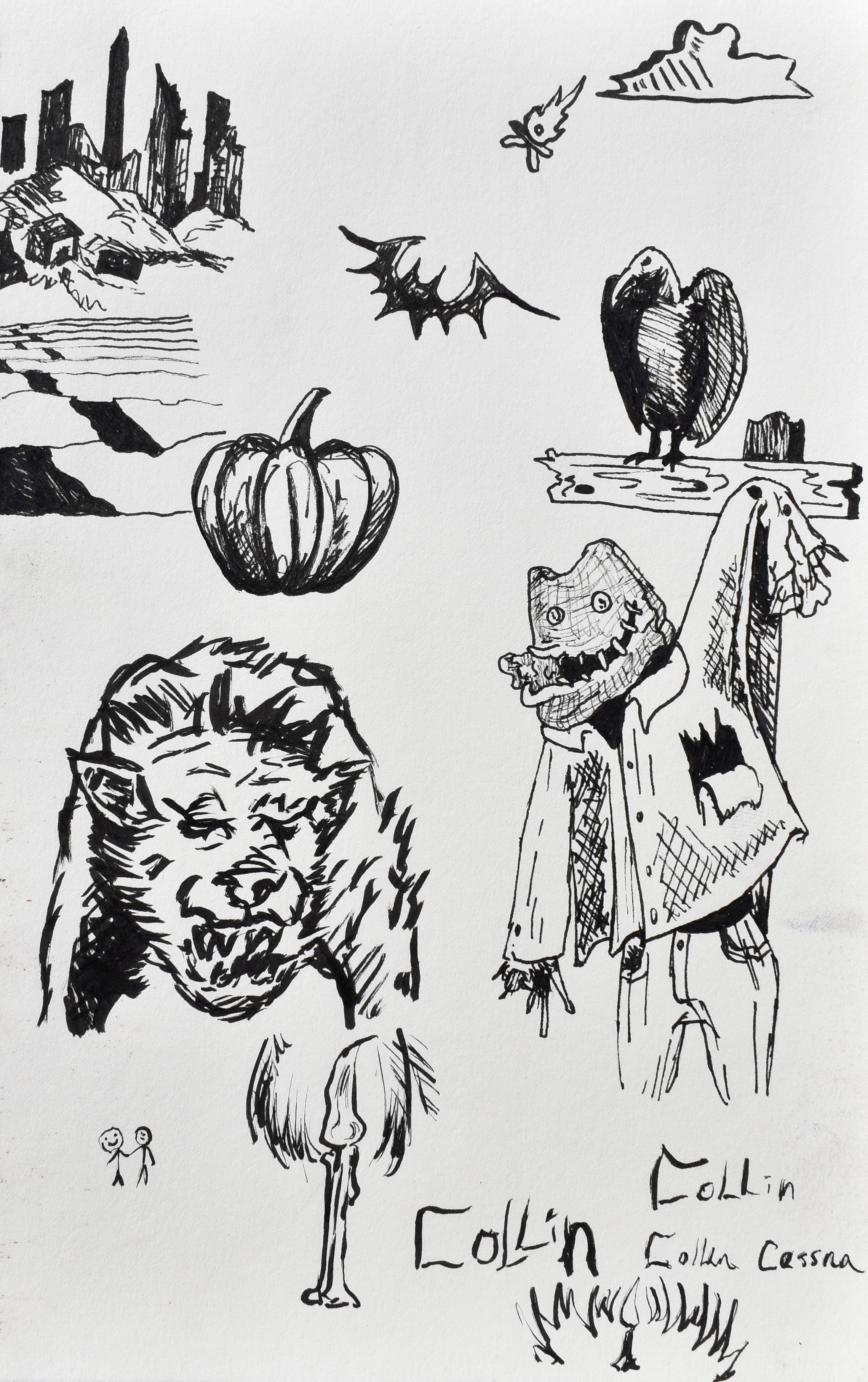 A collection of black and white doodles including a cityscape, pumpkins, bats, a bird, a lion, a smiling humanoid figure with a creature face, a flamingo, and small stick figures. The artist's name, Collin, is written at the bottom with additional te