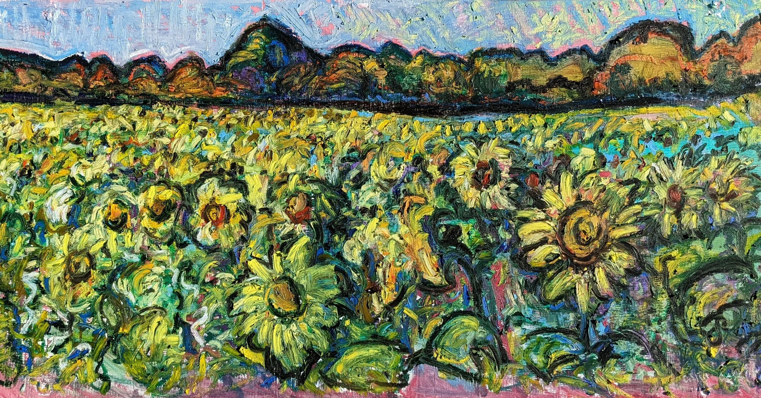 Impressionist painting of a sunflower field with mountains and trees in the background, featuring bright yellows, greens, and blues.
