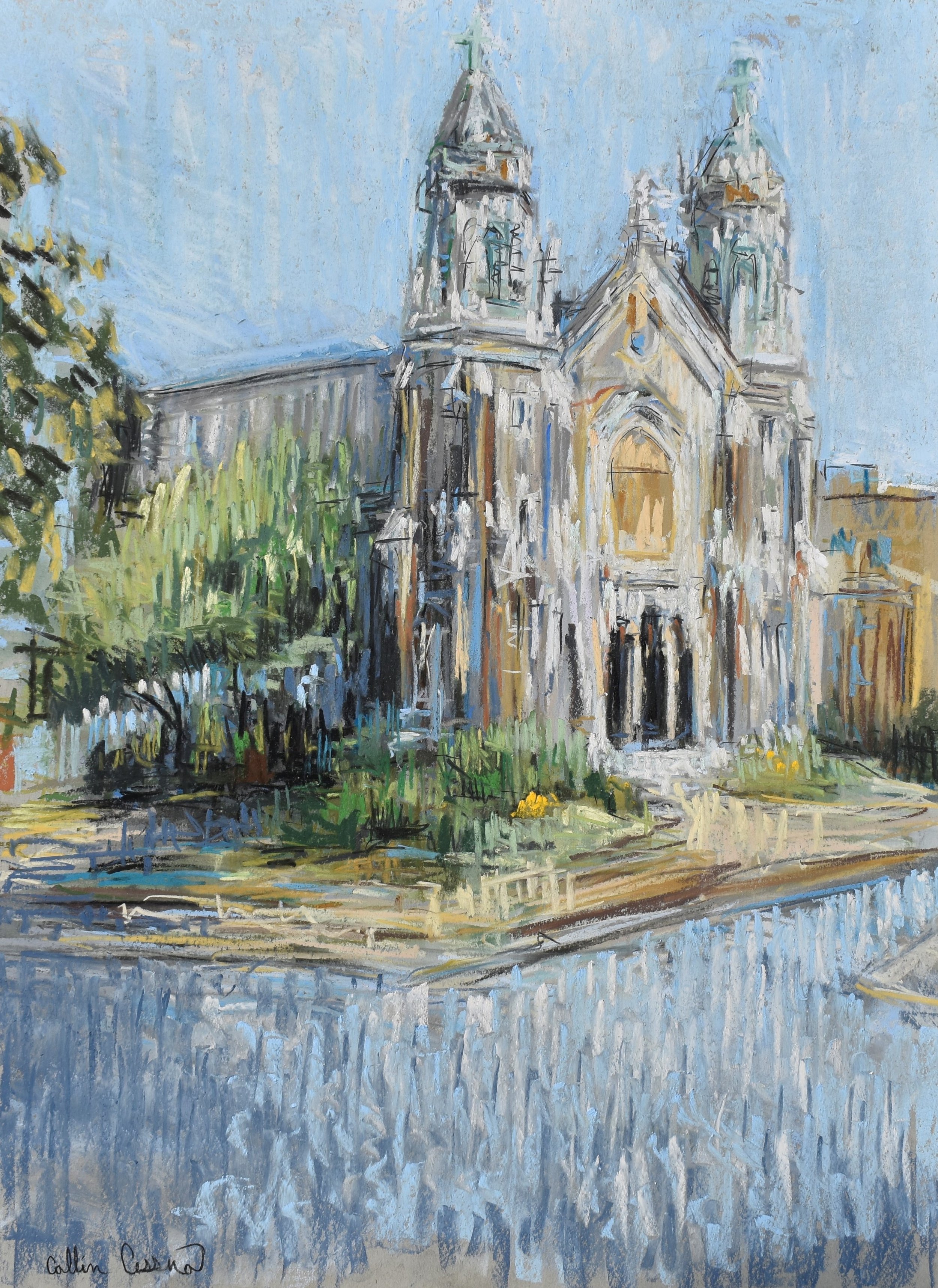 An impressionistic painting of a historic church with twin towers, a large arched entrance, and a garden in front, with a clear blue sky in the background.