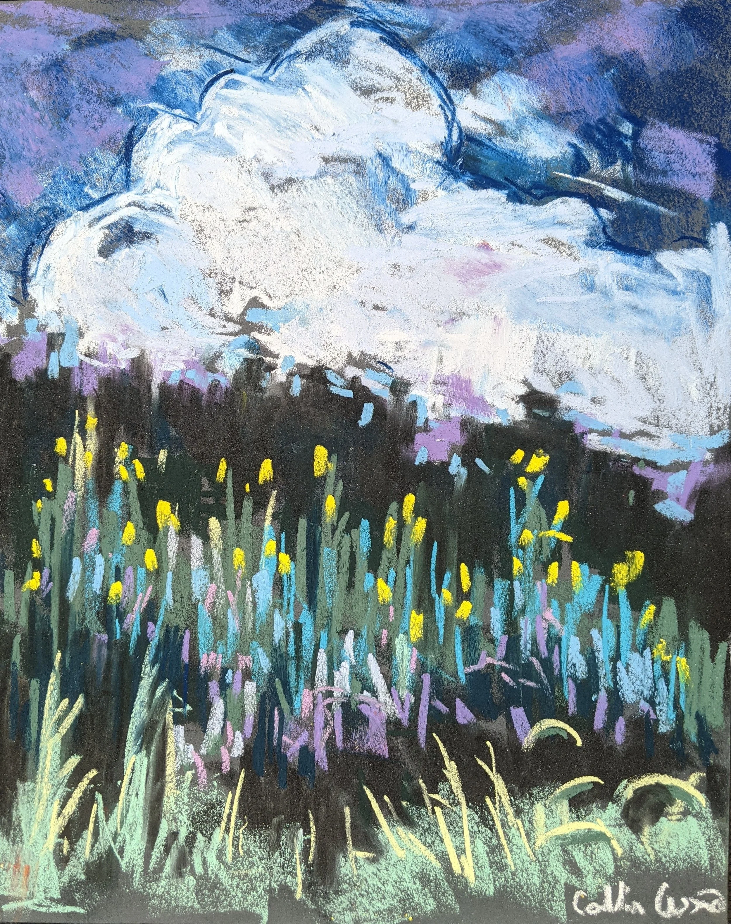 An abstract painting of a sky with white, blue, and purple clouds above a dark landscape with yellow and purple flowers and green grass in the foreground.
