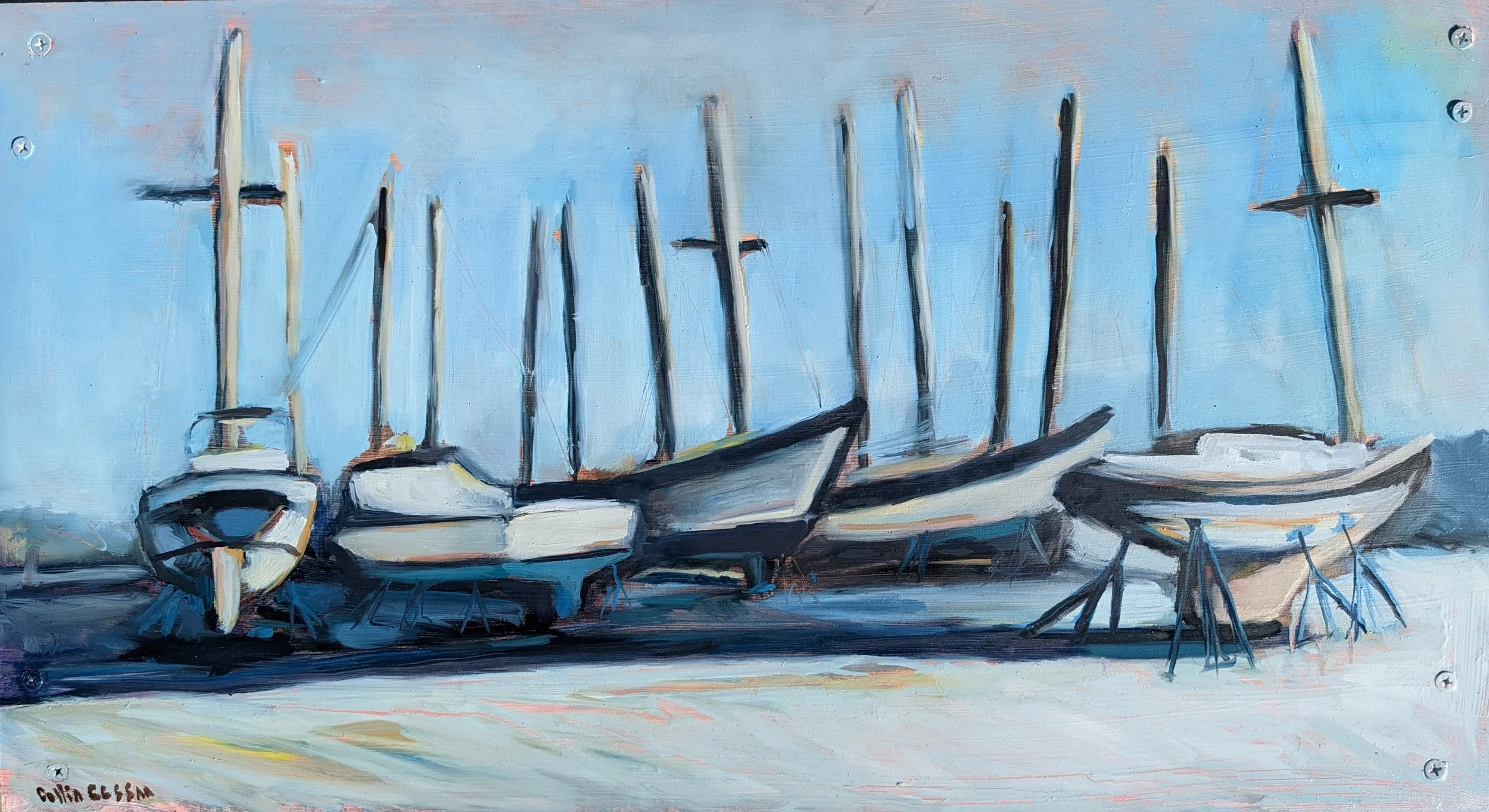 Painting of five sailboats on land, with masts and hulls in shades of white, gray, and black, set against a bright blue sky.