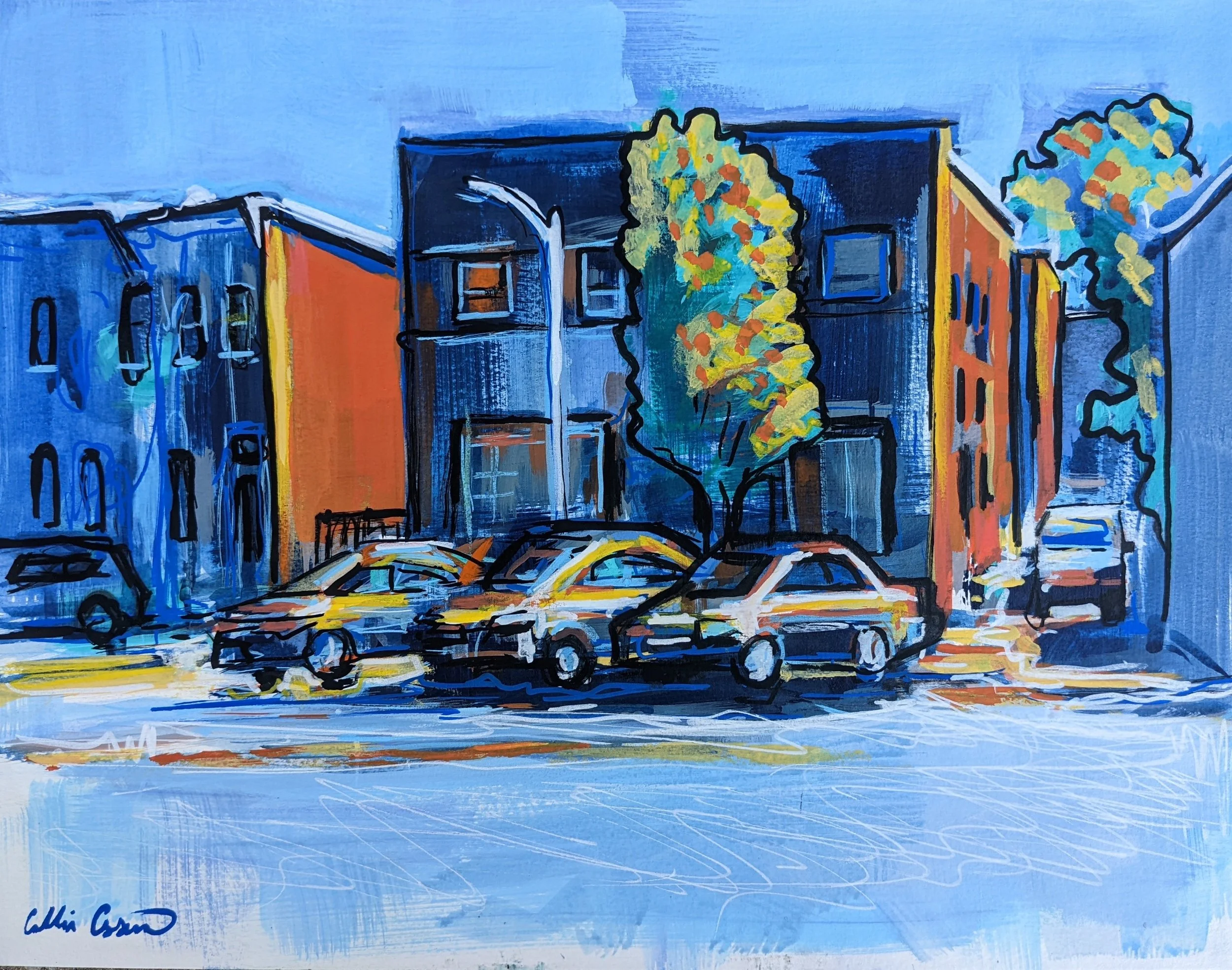 A colorful painting of a city street scene with cars parked along the sidewalk, tall buildings, trees, and a bright sky.