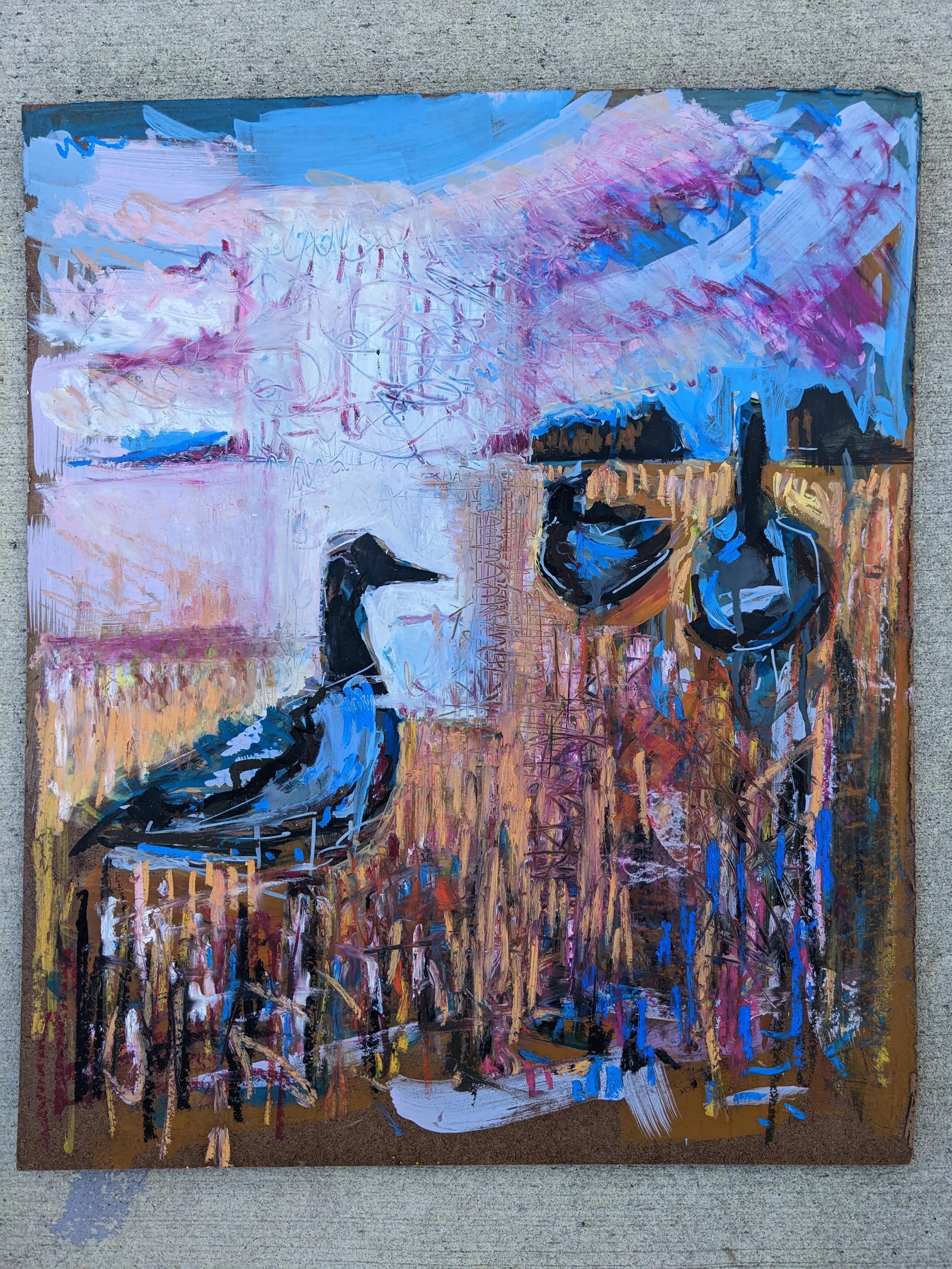Abstract painting of two ducks in a marsh with pink, blue, and purple sky