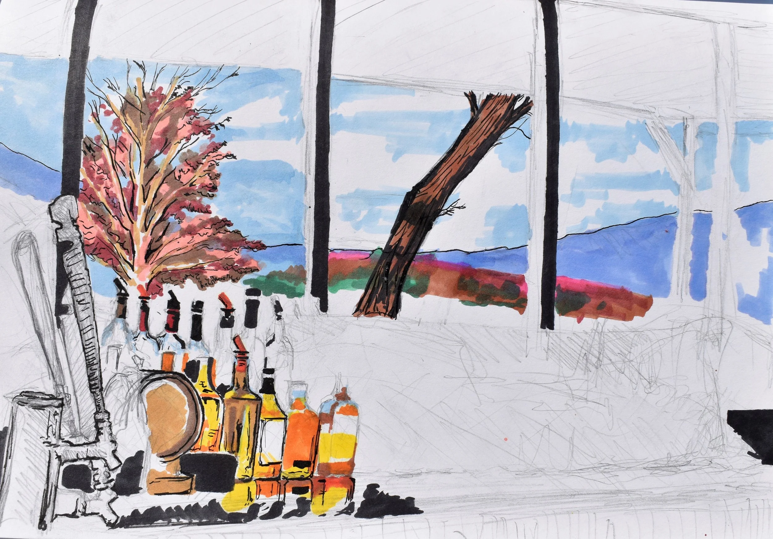 A watercolor painting of an interior scene featuring a table with several bottles, a small drum, and a large flower in a vase. Large windows in the background reveal a landscape with blue mountains, a cloudy sky, and a fallen tree branch.