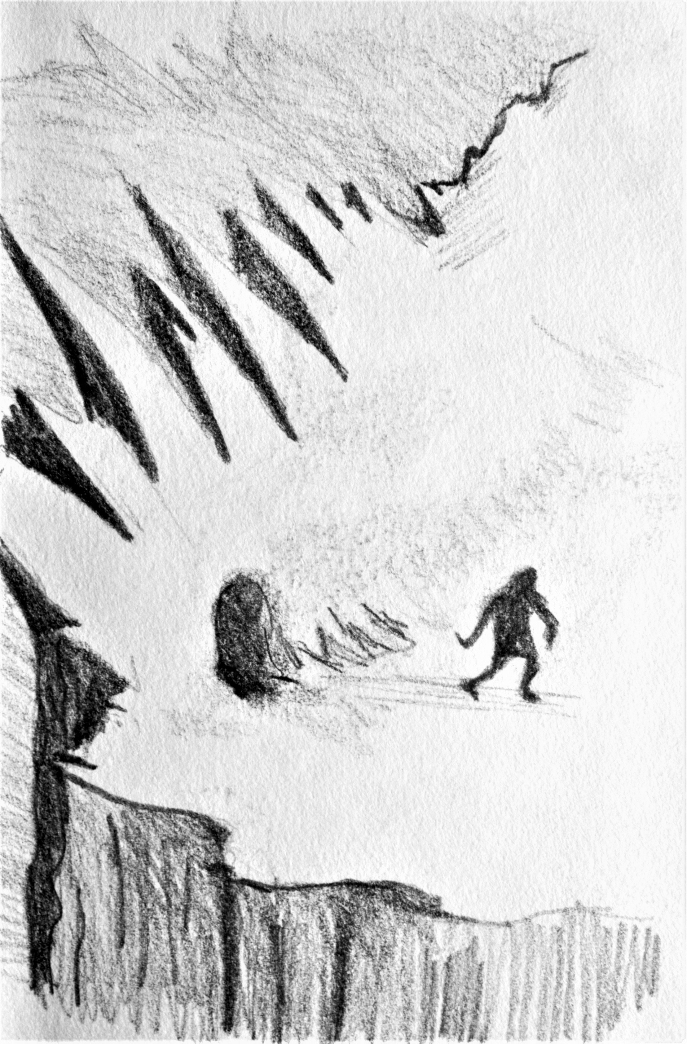 A black-and-white sketch showing a cave with stalactites and stalagmites; a person running away from a bear near a bush.