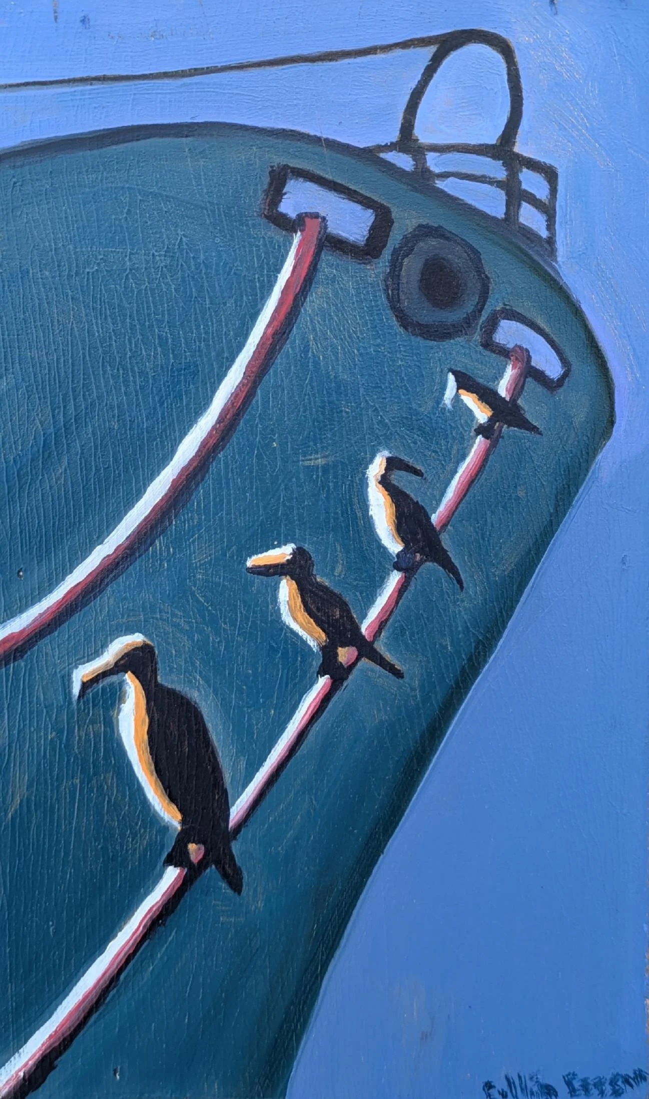 cormorants on a tether original oil painting by artist Collin Cessna Baltimore Navy Ship Pier Port