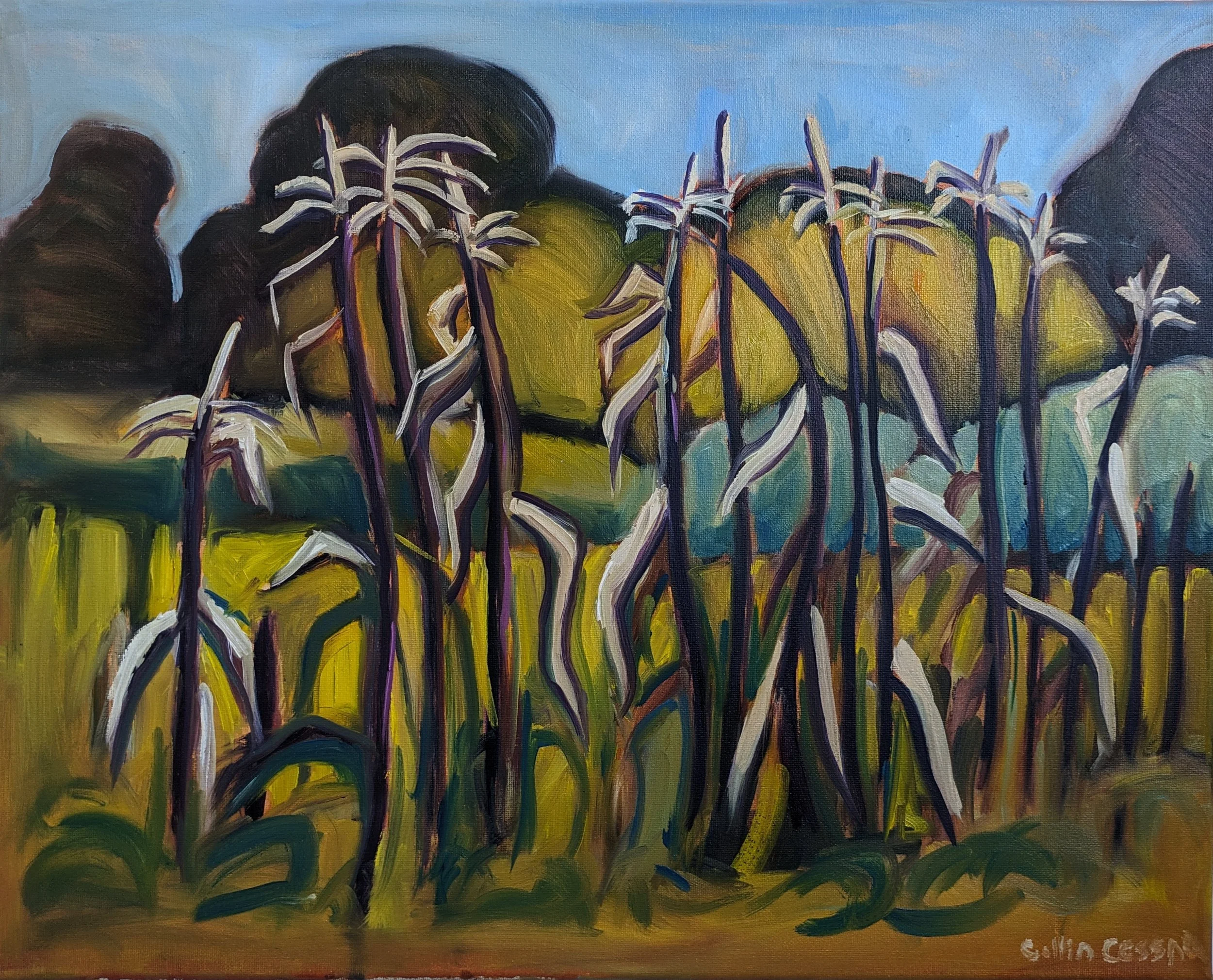 An impressionistic painting of a field with tall plants and large yellow flowers in the background, and a blue sky with some dark clouds.