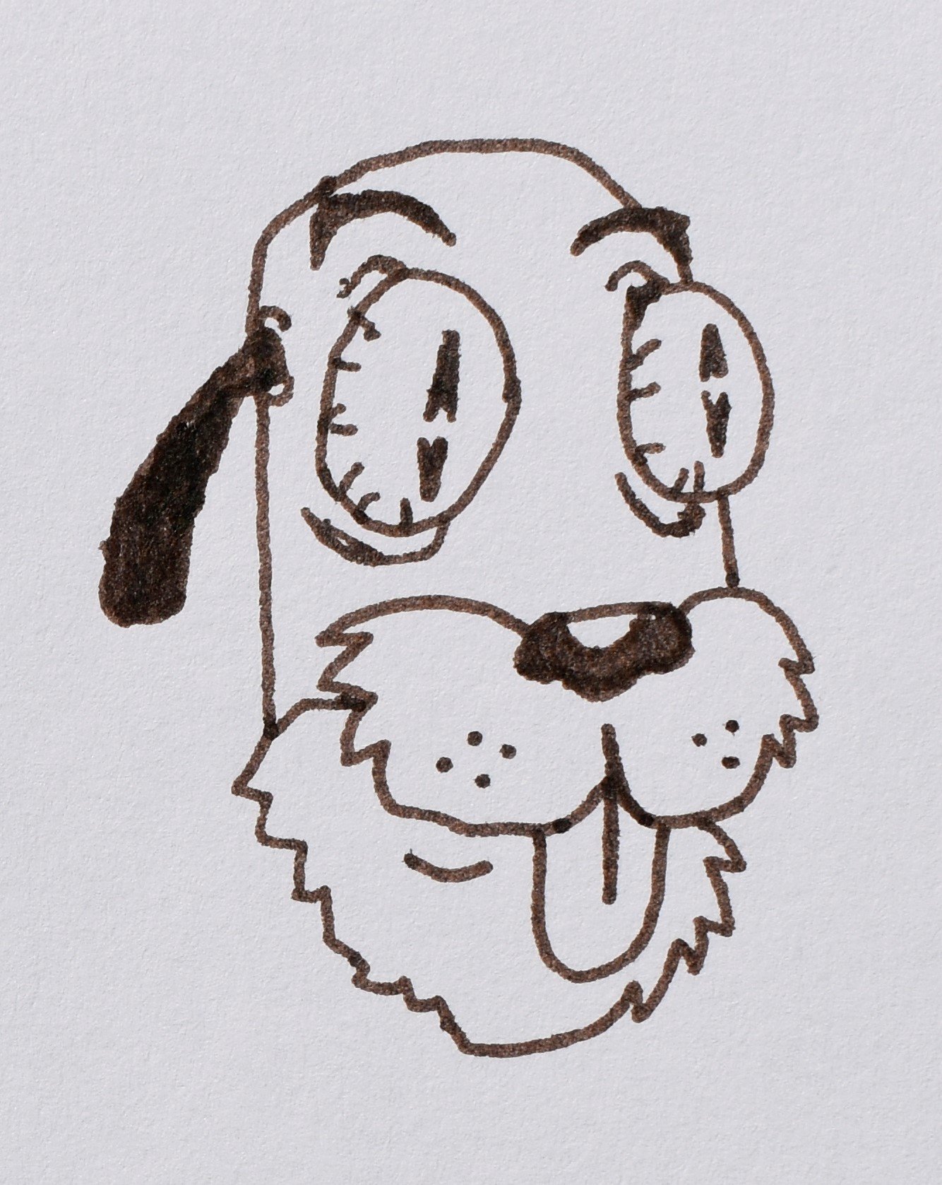 Line drawing of a dog with a fluffy coat, long tongue, and expressive eyes, wearing a collar.