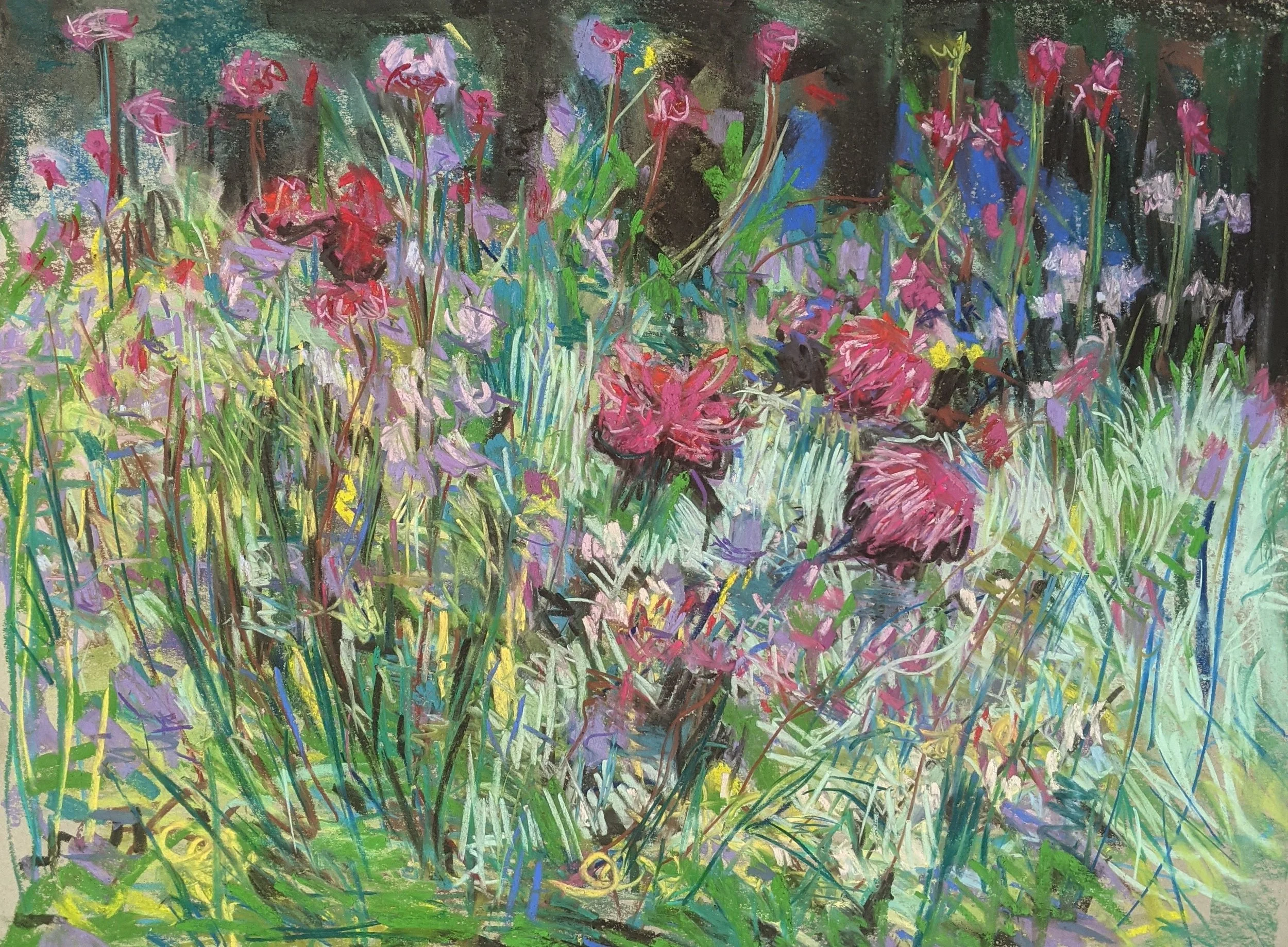 An abstract painting of a garden with various colorful flowers and green foliage.