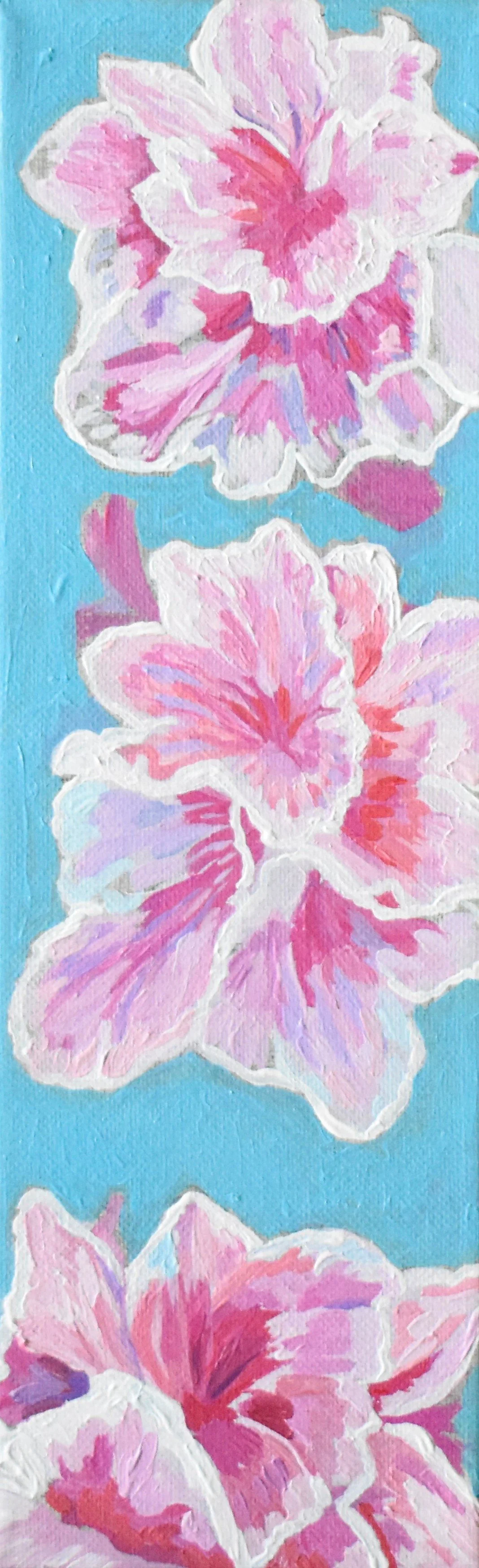 Painting of pink and purple hibiscus flowers on a light blue background.