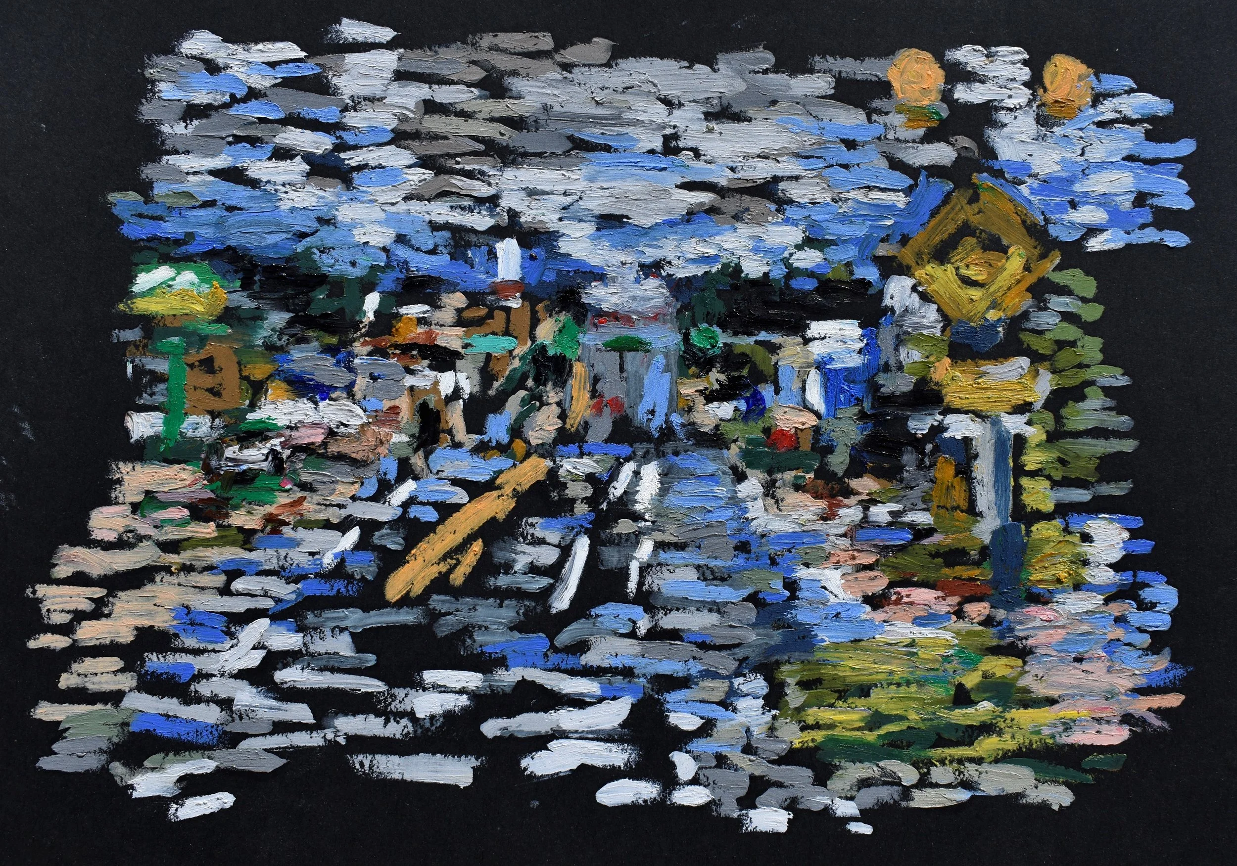 Painting of an urban street scene with buildings, sidewalk, and street signs, depicted in an impressionist style with thick brushstrokes and vibrant colors.