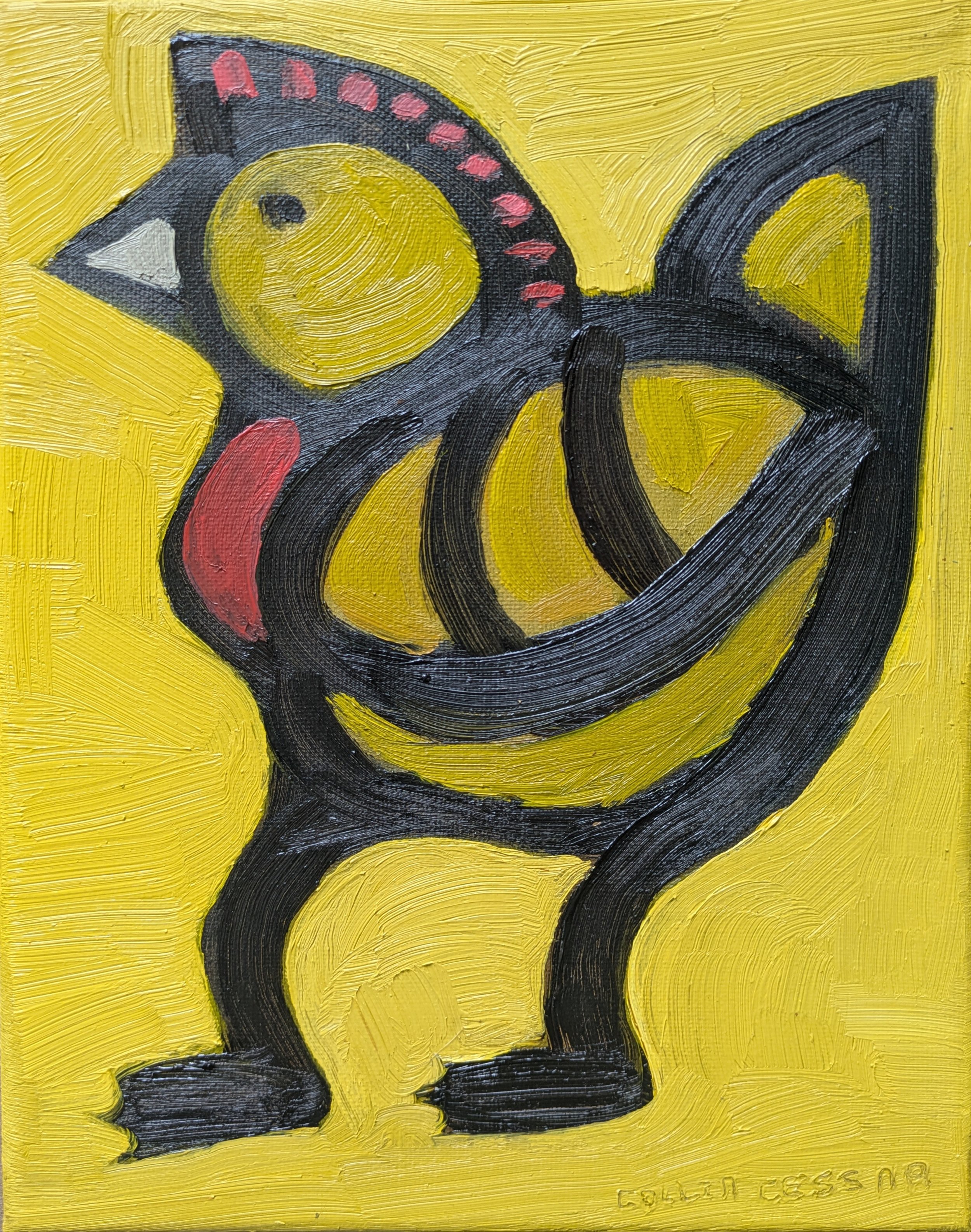 Yellow chicken oil painting on canvas by collin cessna cartoon common grounds fun colorful bird