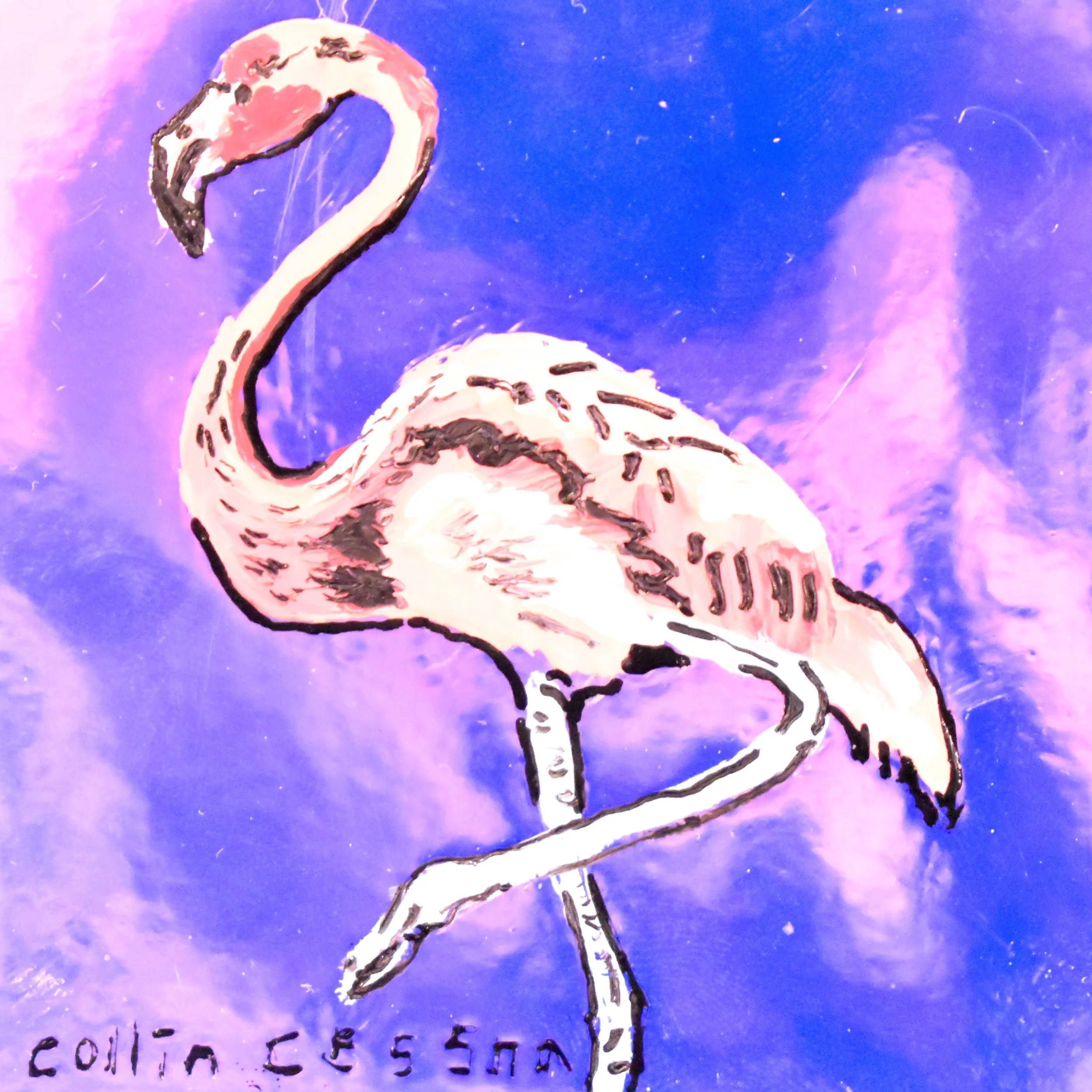 Painting of a pink flamingo standing on one leg against a purple and blue background.