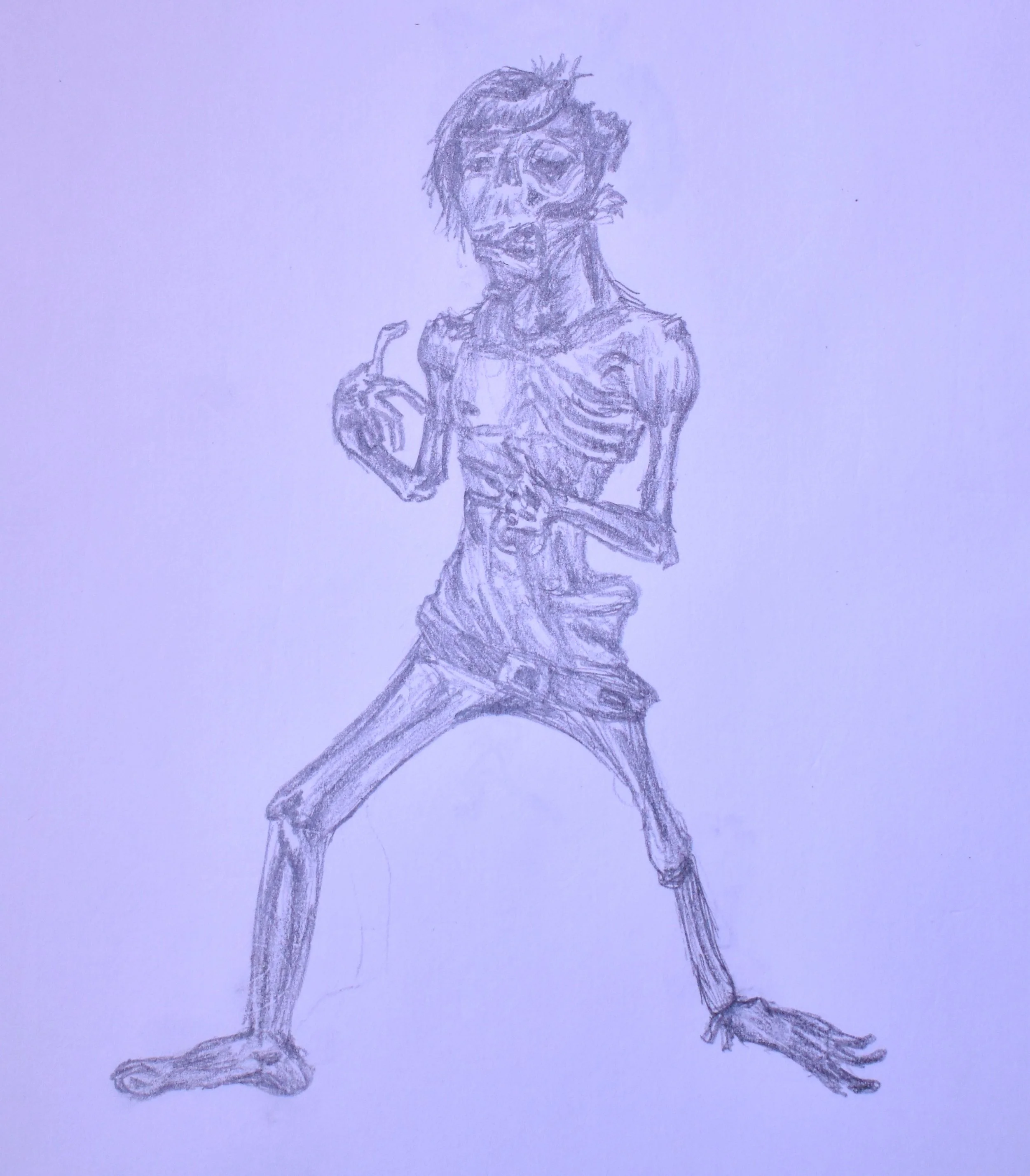 Sketch of a skeleton with a humanoid face, messy hair, and casual clothing, standing with one arm raised and the other pointing to its chest, with an expressive stance.
