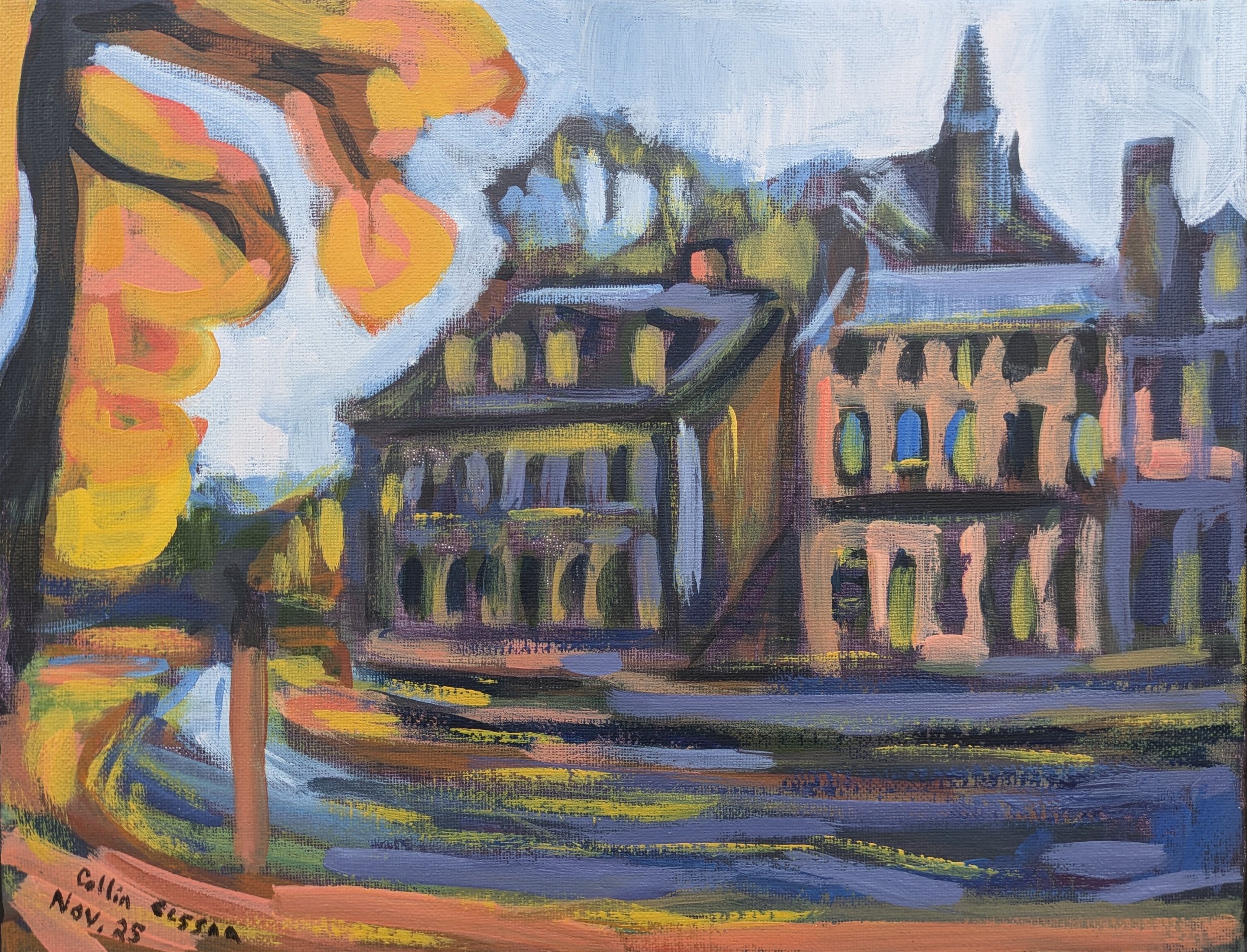 A colorful, impressionistic painting of a street scene with old buildings and trees with orange and yellow leaves.