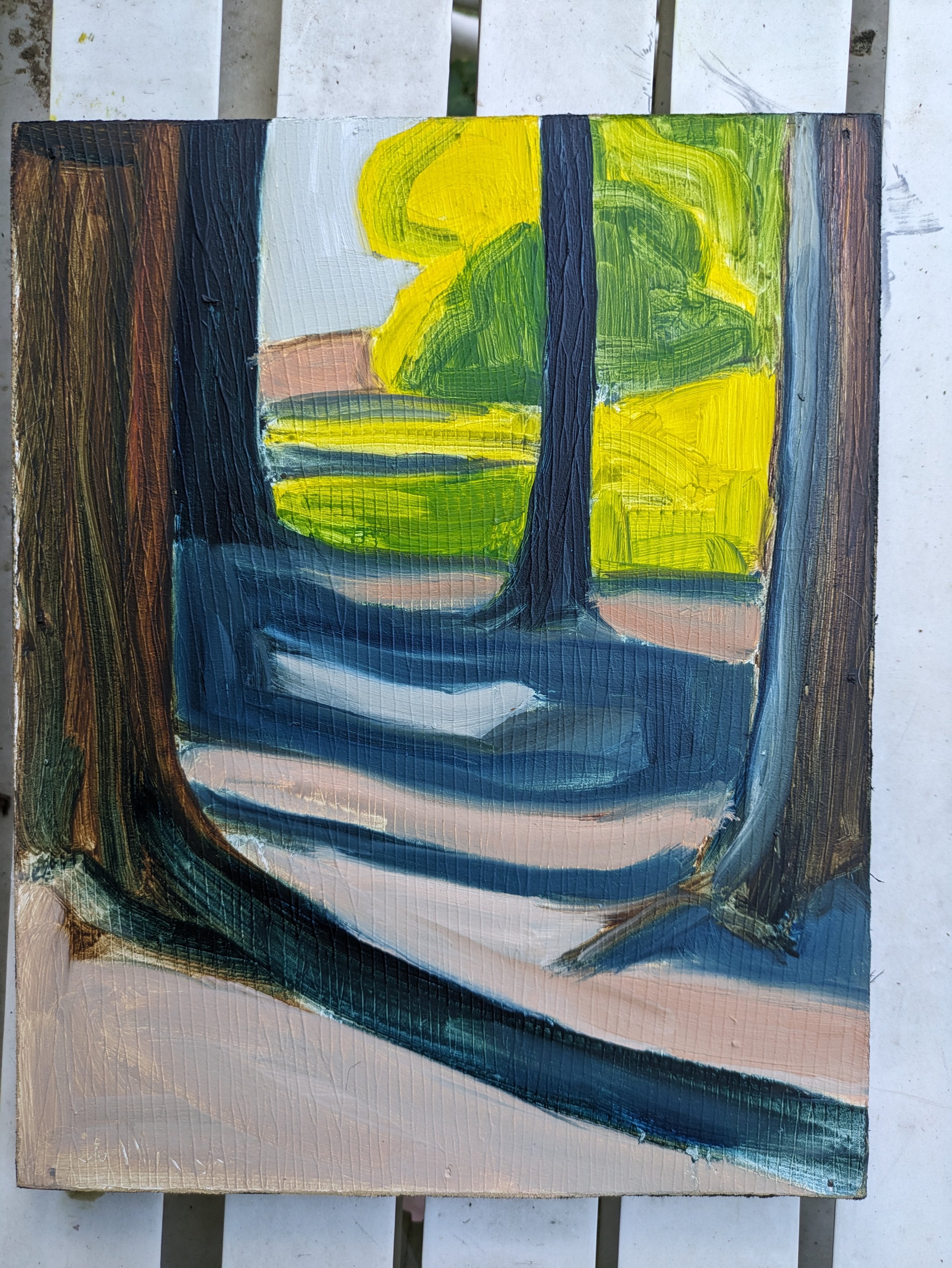 Abstract painting of a landscape scene with a window view, featuring green and yellow foliage, and blue and white elements representing water or sky, with brown and dark trim framing the scene.