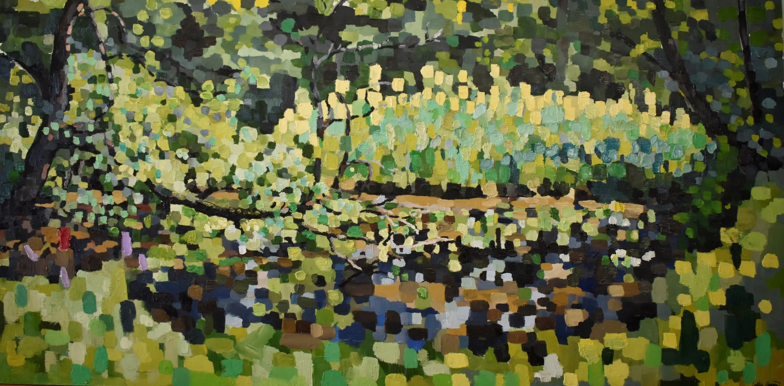 Painted impression of a nature scene with trees and a body of water, using vibrant colors and bold brushstrokes.