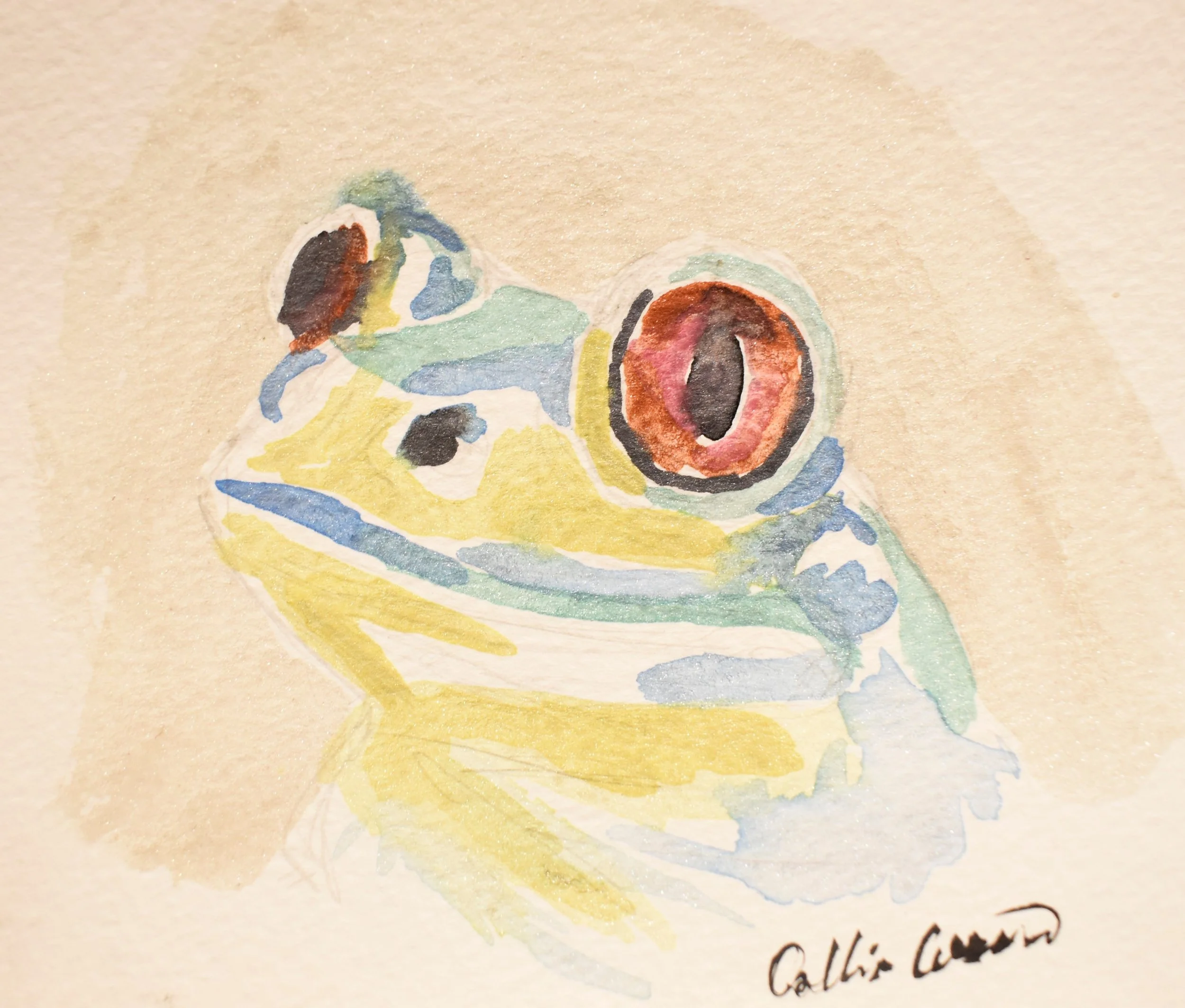 Watercolor painting of a chameleon with detailed eye and vibrant colors on beige background.