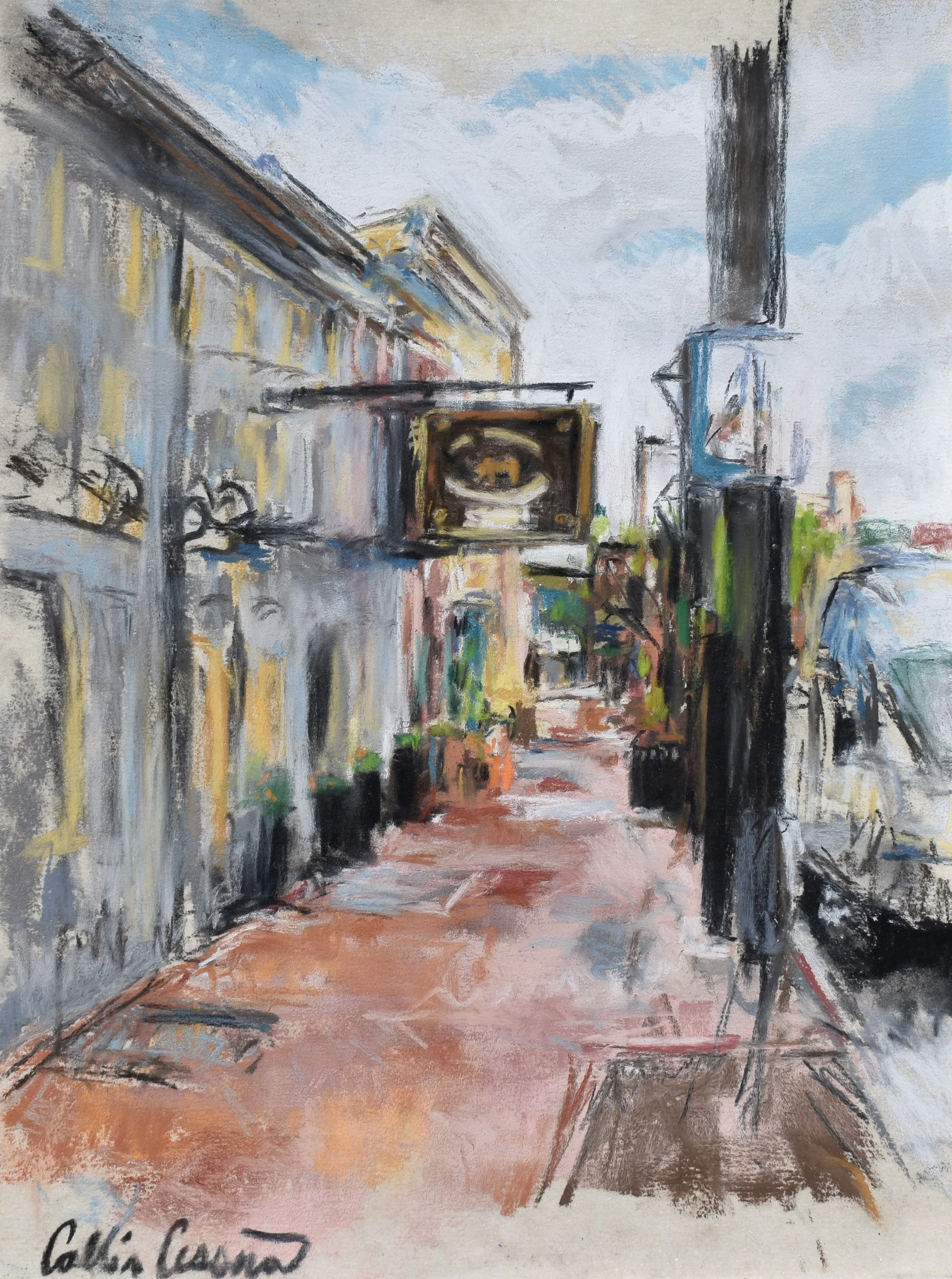 An impressionistic painting of a city sidewalk with storefronts, a signboard, and a street lamp, under a partly cloudy sky.