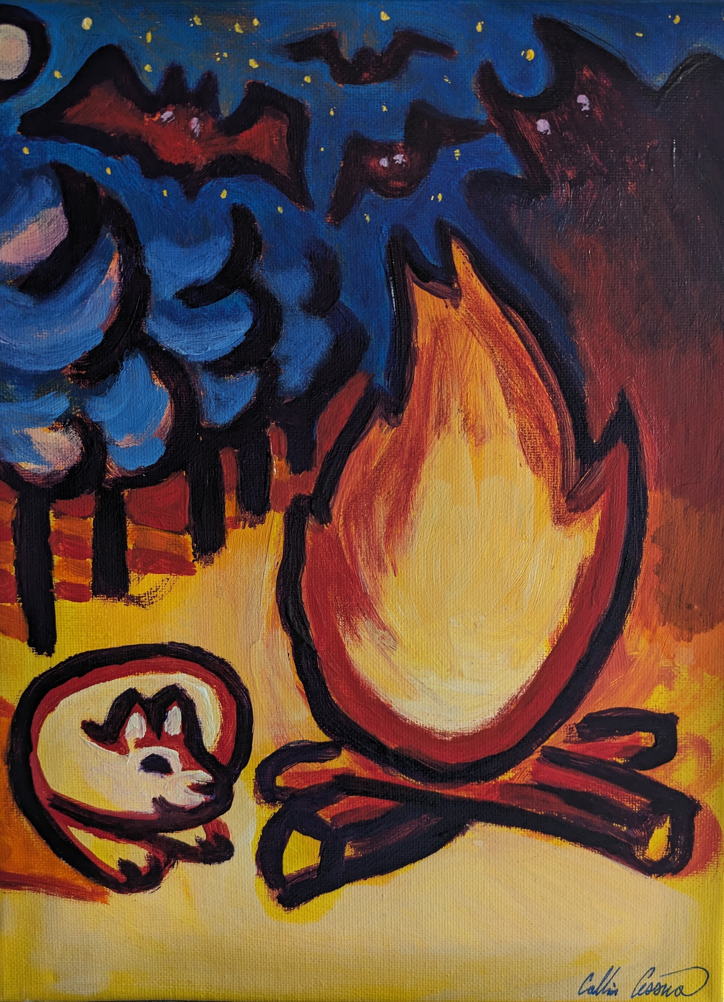 The Hearth Acrylic painting by Collin Cessna dog by campfire with bats at night Land of the Beasties