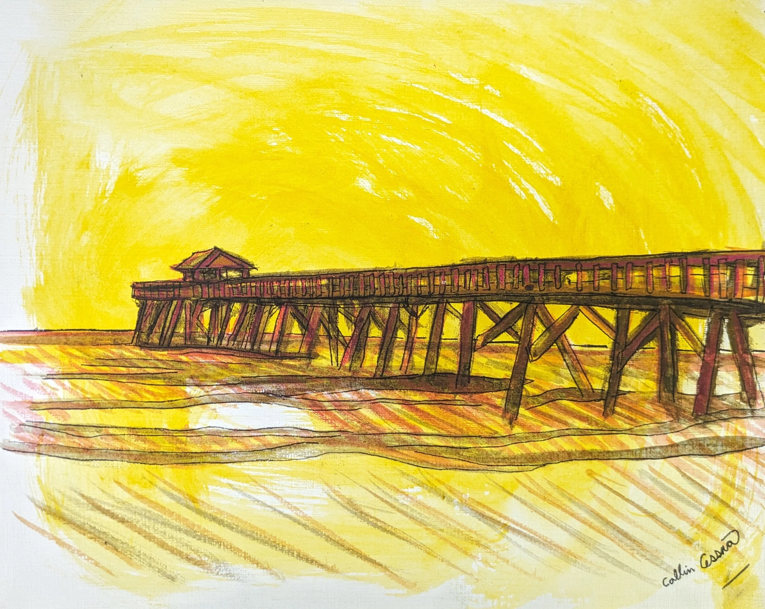 A watercolor painting of a wooden pier extending over the water with a small structure at the end, under a bright yellow sky.